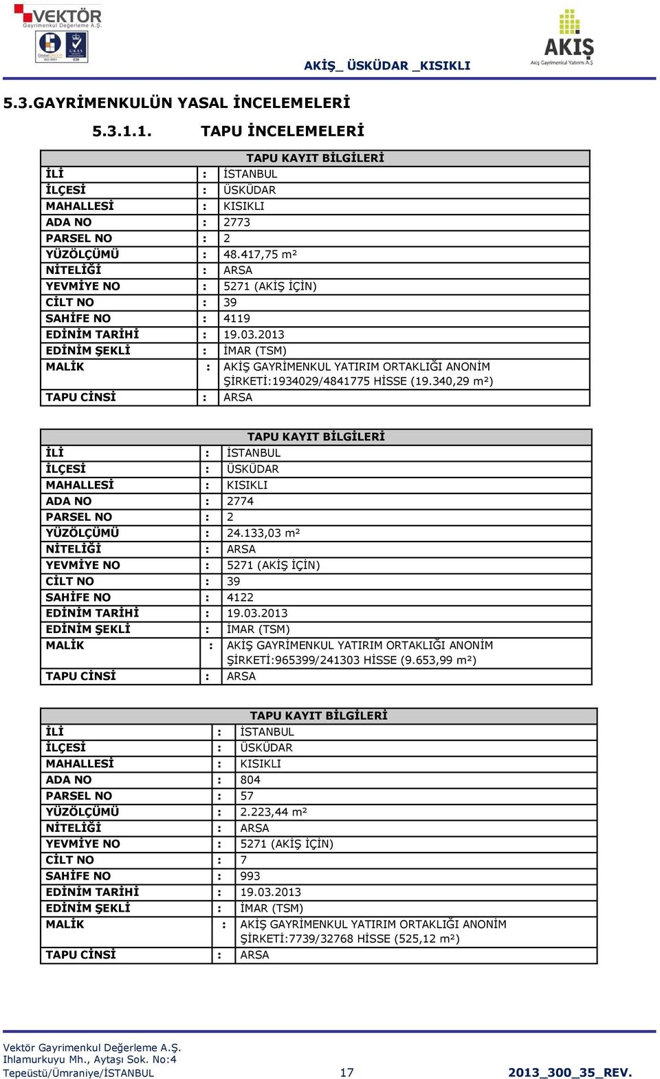 2013 EDİNİM ŞEKLİ : İMAR (TSM) MALİK : AKİŞ GAYRİMENKUL YATIRIM ORTAKLIĞI ANONİM ŞİRKETİ:1934029/4841775 HİSSE (19.