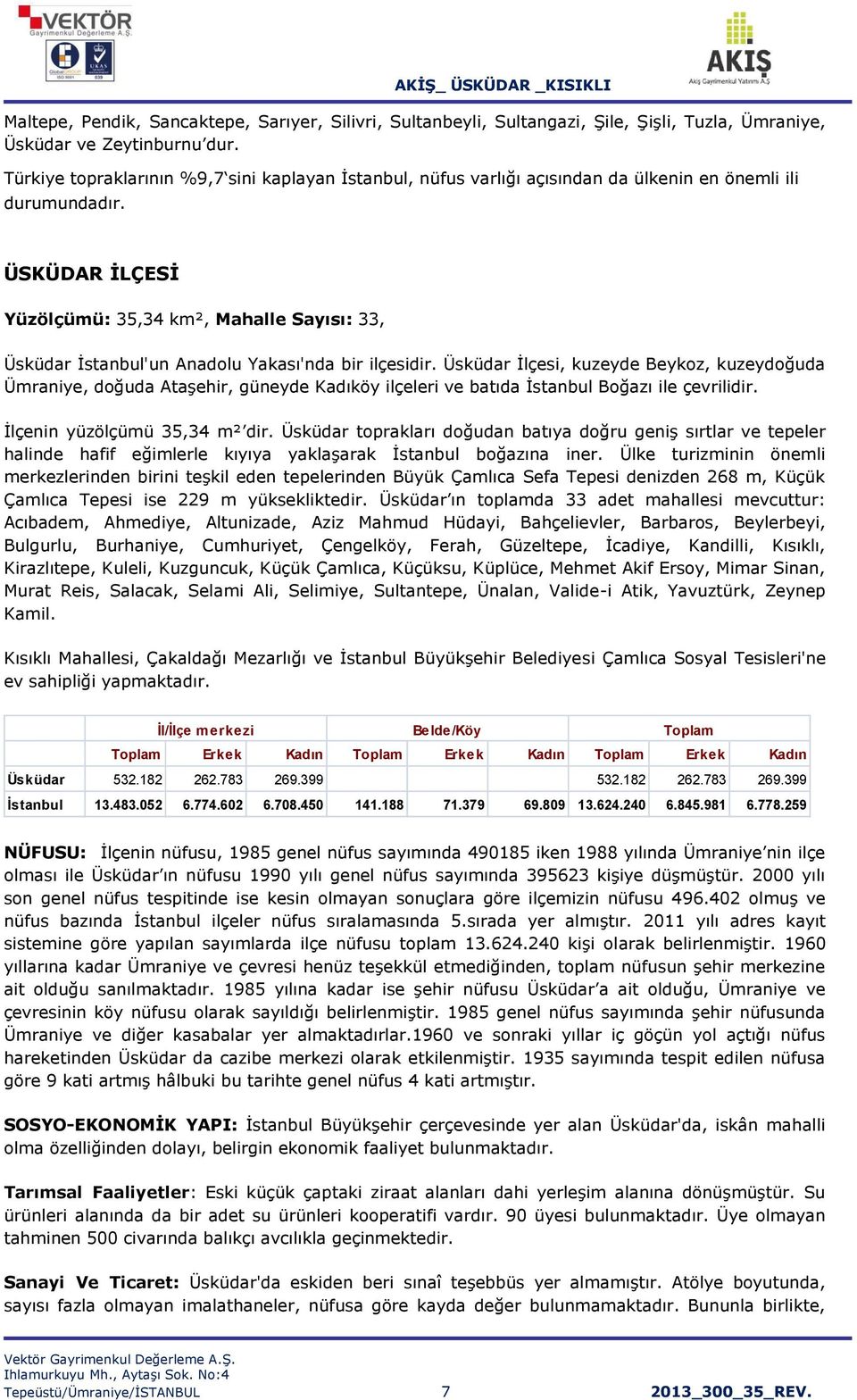 ÜSKÜDAR İLÇESİ Yüzölçümü: 35,34 km², Mahalle Sayısı: 33, Üsküdar İstanbul'un Anadolu Yakası'nda bir ilçesidir.