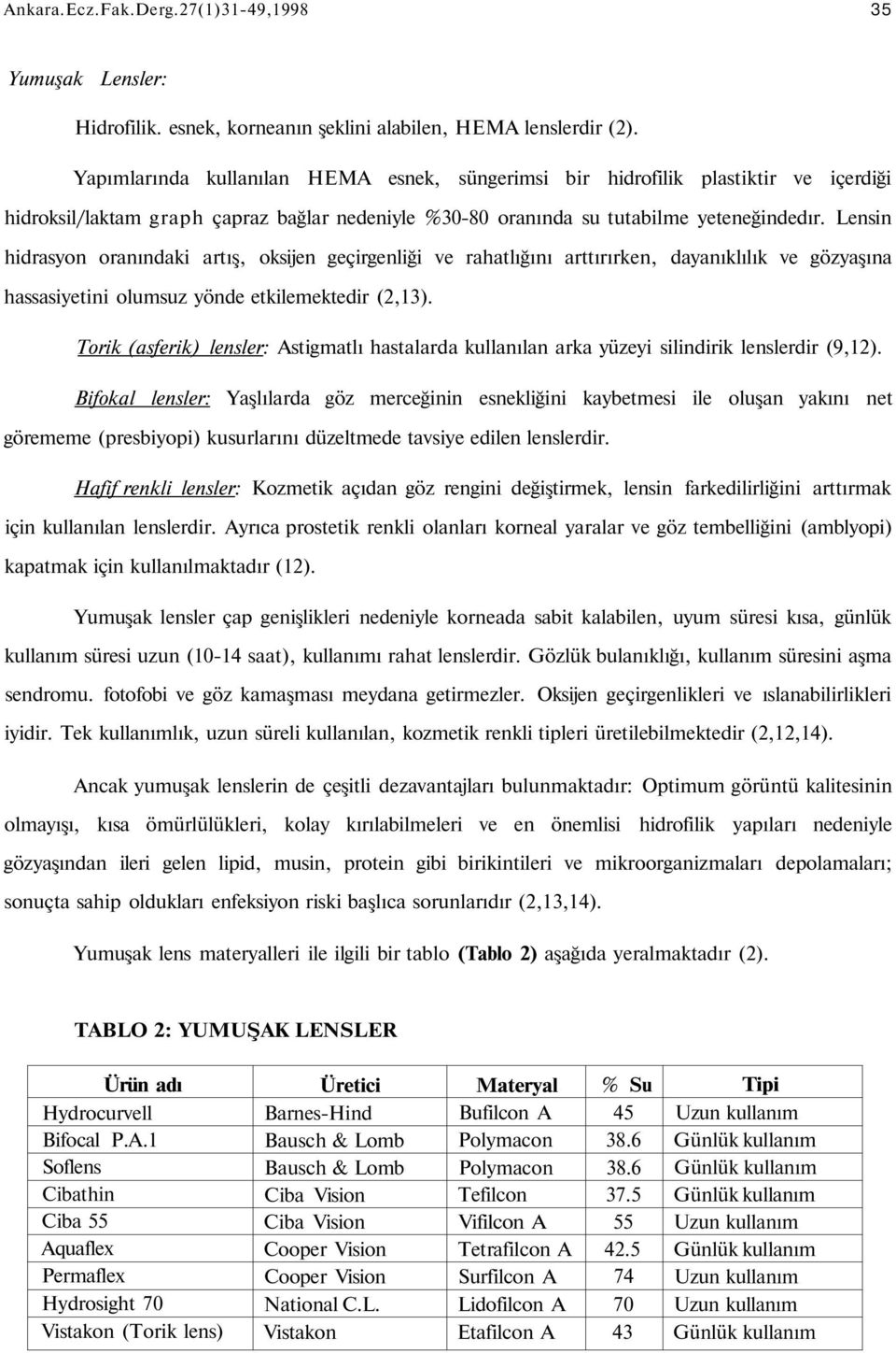 Lensin hidrasyon oranındaki artış, oksijen geçirgenliği ve rahatlığını arttırırken, dayanıklılık ve gözyaşına hassasiyetini olumsuz yönde etkilemektedir (2,13).