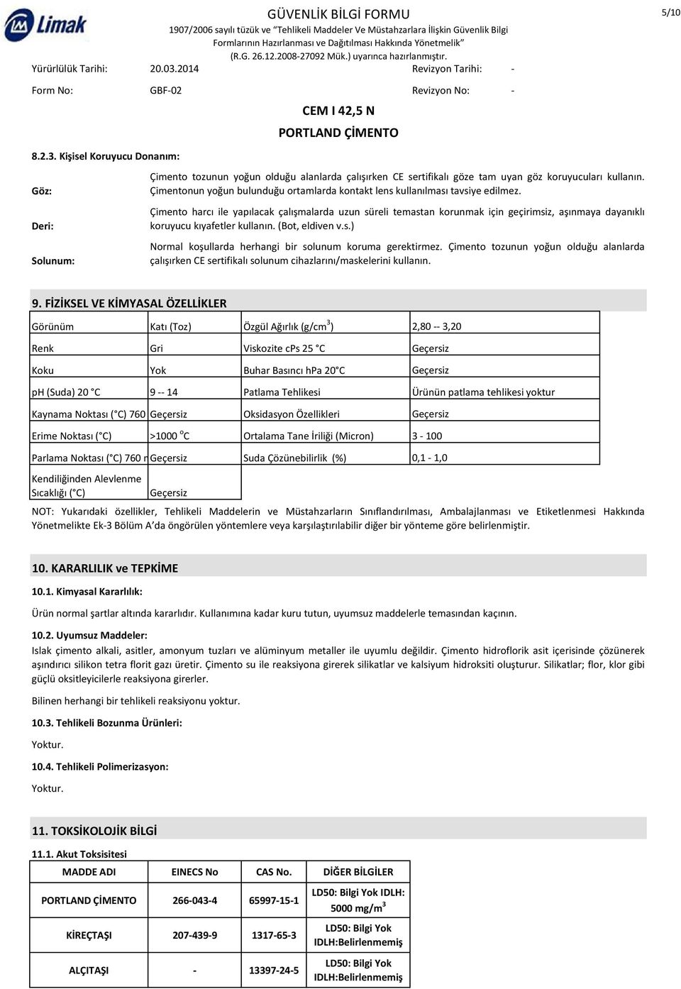 Çimento harcı ile yapılacak çalışmalarda uzun süreli temastan korunmak için geçirimsiz, aşınmaya dayanıklı koruyucu kıyafetler kullanın. (Bot, eldiven v.s.) Normal koşullarda herhangi bir solunum koruma gerektirmez.