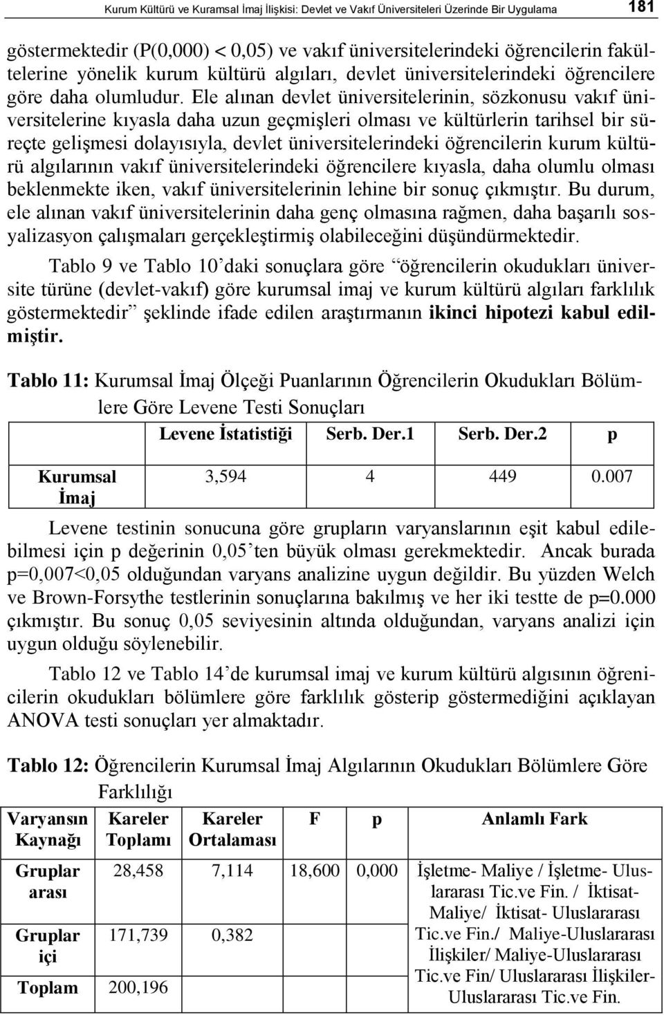 Ele alınan devlet üniversitelerinin, sözkonusu vakıf üniversitelerine kıyasla daha uzun geçmiģleri olması ve kültürlerin tarihsel bir süreçte geliģmesi dolayısıyla, devlet üniversitelerindeki