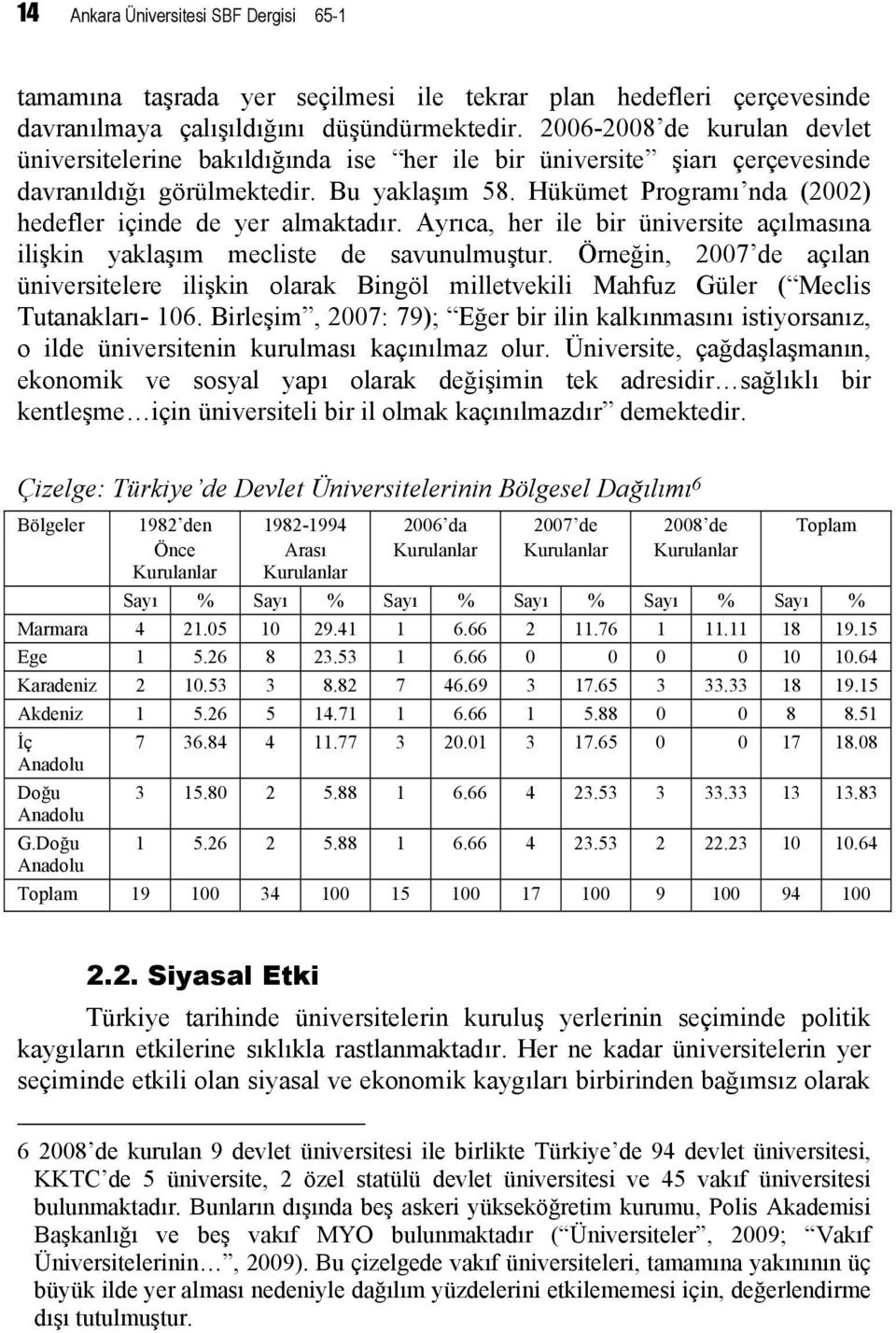 Hükümet Programı nda (2002) hedefler içinde de yer almaktadır. Ayrıca, her ile bir üniversite açılmasına ilişkin yaklaşım mecliste de savunulmuştur.