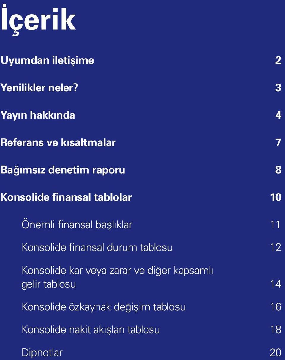 tablolar 10 Önemli finansal başlıklar 11 Konsolide finansal durum tablosu 12 Konsolide