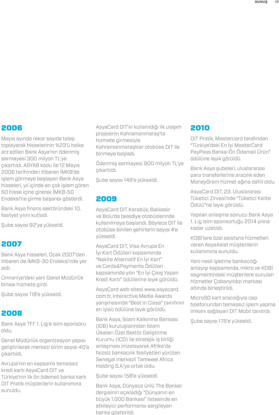 Bank Asya finans sektöründeki 10. faaliyet yılını kutladı. Şube sayısı 92 ye yükseldi. 2007 Bank Asya hisseleri, Ocak 2007 den itibaren de İMKB-30 Endeksi nde yer aldı.