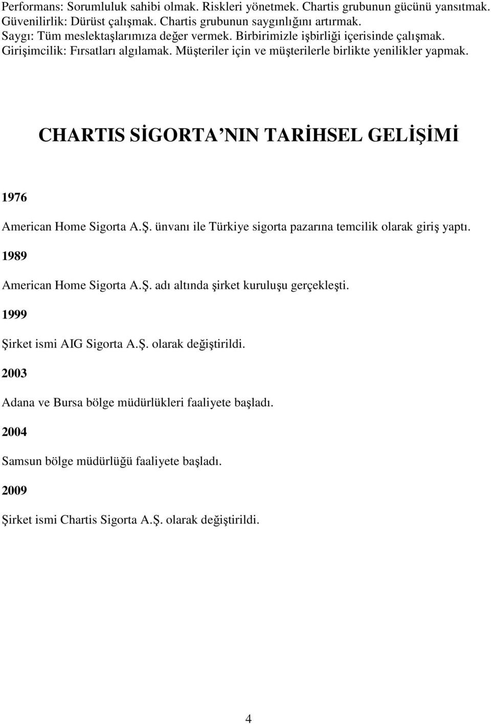 CHARTIS SİGORTA NIN TARİHSEL GELİŞİMİ 1976 American Home Sigorta A.Ş. ünvanı ile Türkiye sigorta pazarına temcilik olarak giriş yaptı. 1989 American Home Sigorta A.Ş. adı altında şirket kuruluşu gerçekleşti.