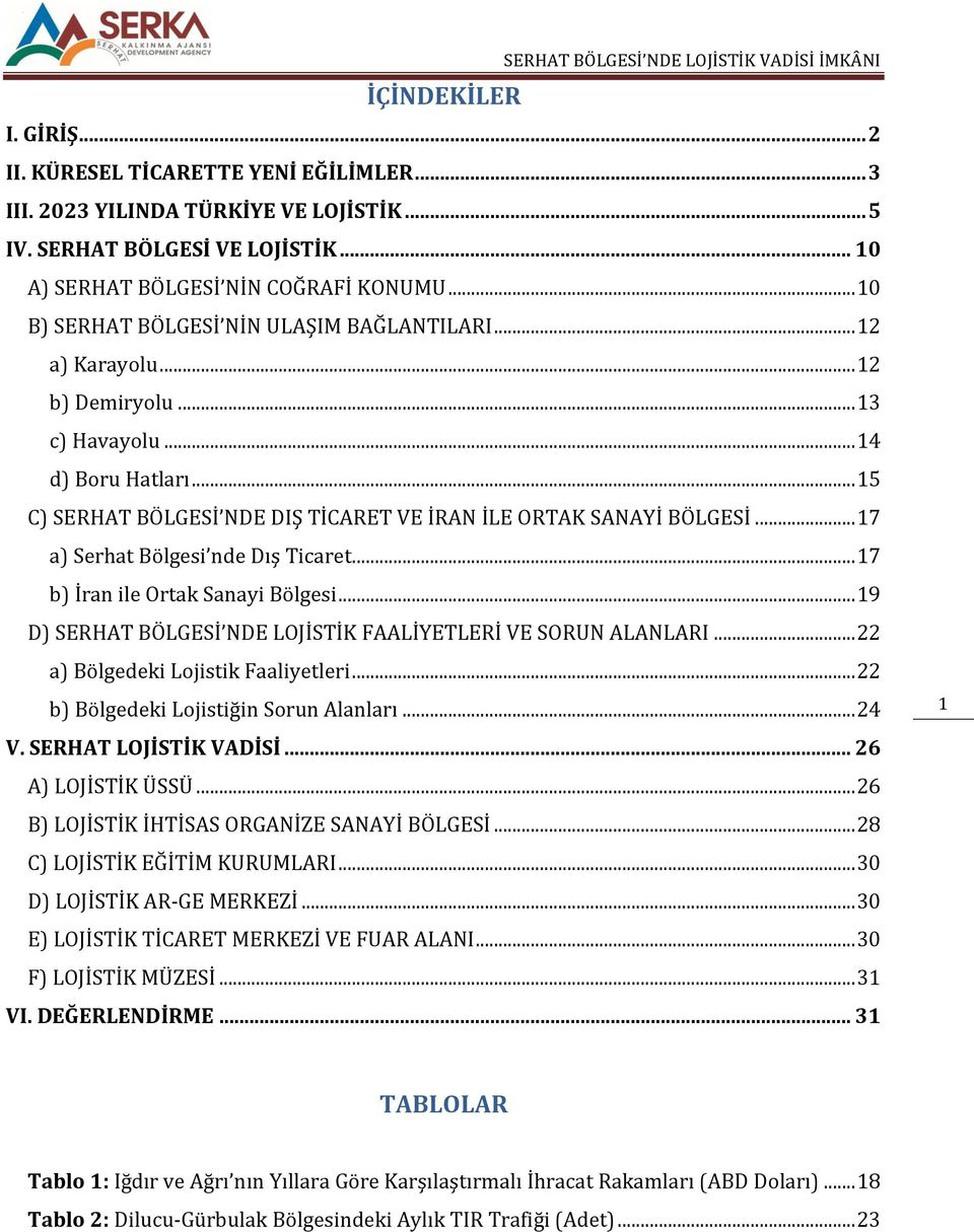 .. 15 C) SERHAT BÖLGESİ NDE DIŞ TİCARET VE İRAN İLE ORTAK SANAYİ BÖLGESİ... 17 a) Serhat Bölgesi nde Dış Ticaret... 17 b) İran ile Ortak Sanayi Bölgesi.