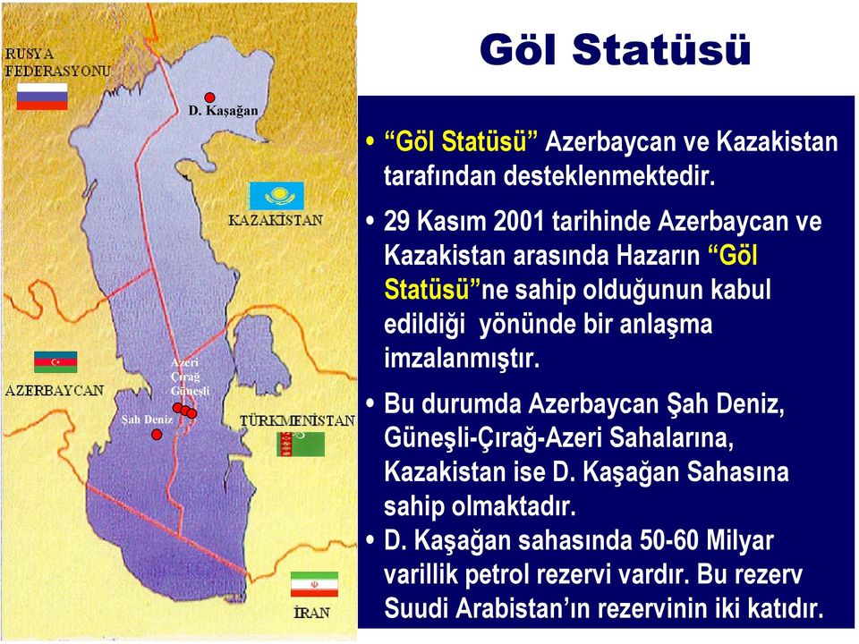 anlaşma imzalanmıştır. Bu durumda Azerbaycan Şah Deniz, Güneşli-Çırağ-Azeri Sahalarına, Kazakistan ise D.