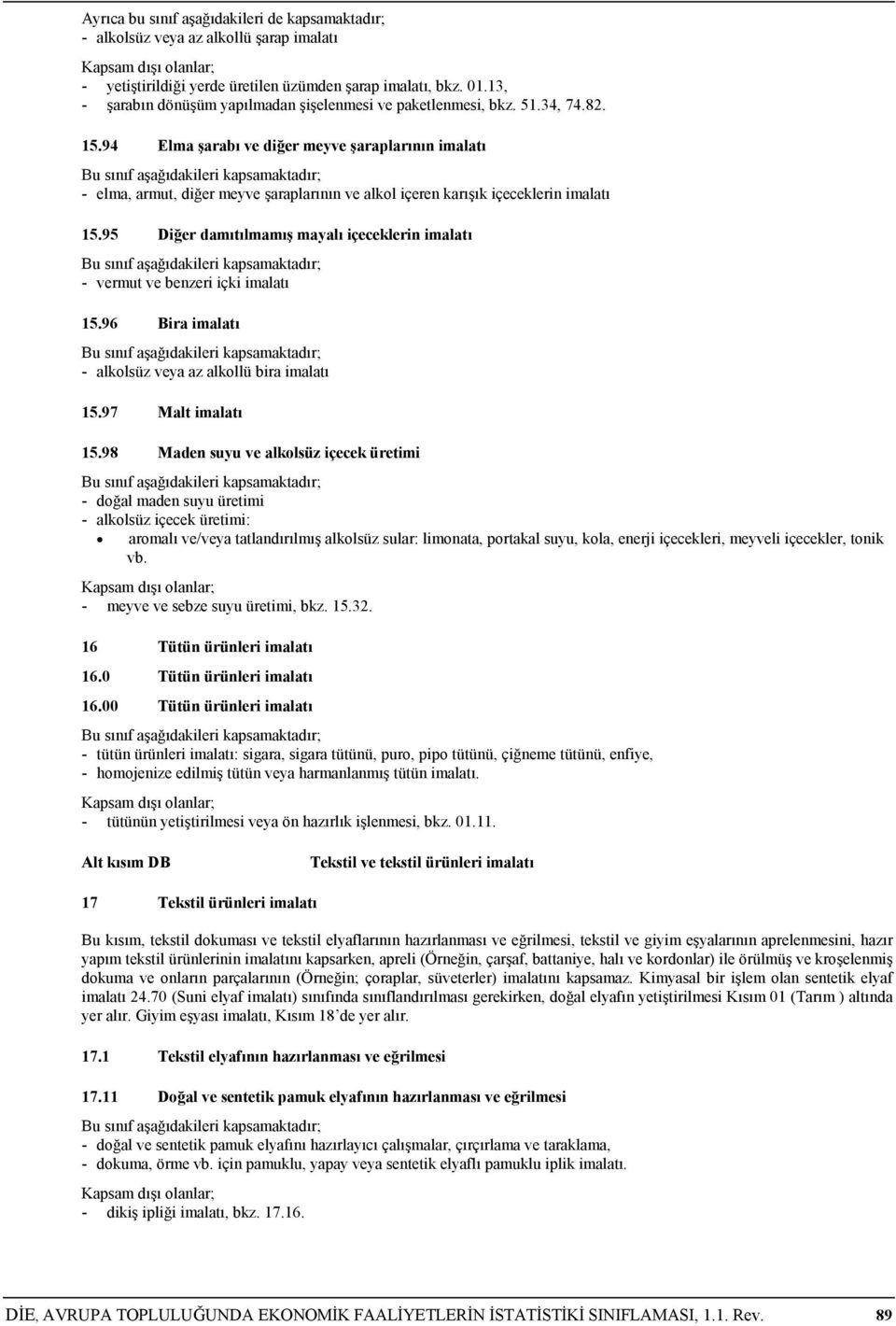 95 Diğer damıtılmamış mayalı içeceklerin imalatı - vermut ve benzeri içki imalatı 15.96 Bira imalatı - alkolsüz veya az alkollü bira imalatı 15.97 Malt imalatı 15.