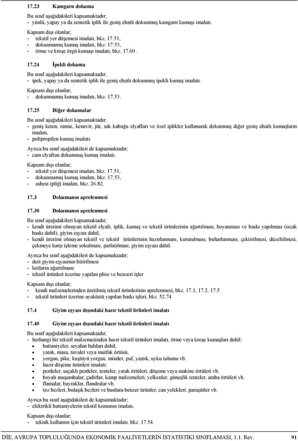 - cam elyaftan dokunmuş kumaş imalatı. - tekstil yer döşemesi imalatı, bkz. 17.51, - dokunmamış kumaş imalatı, bkz. 17.53, - asbest ipliği imalatı, bkz. 26.82. 17.3 Dokumanın aprelenmesi 17.