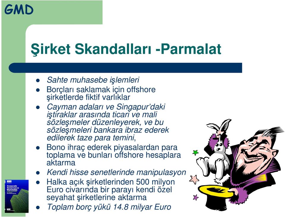 para temini, Bono ihraç ederek piyasalardan para toplama ve bunları offshore hesaplara aktarma Kendi hisse senetlerinde manipulasyon