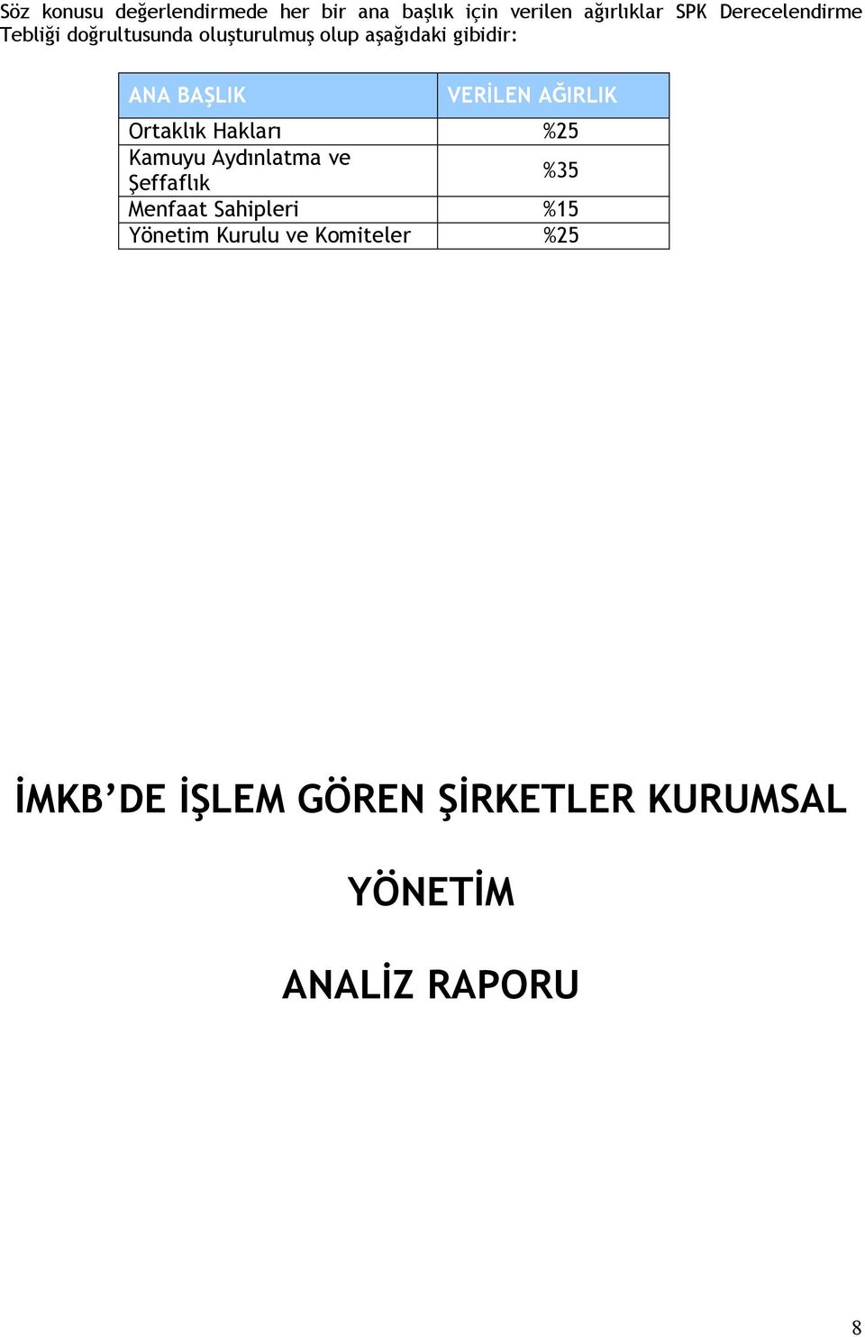 VERİLEN AĞIRLIK Ortaklık Hakları %25 Kamuyu Aydınlatma ve Şeffaflık %35 Menfaat