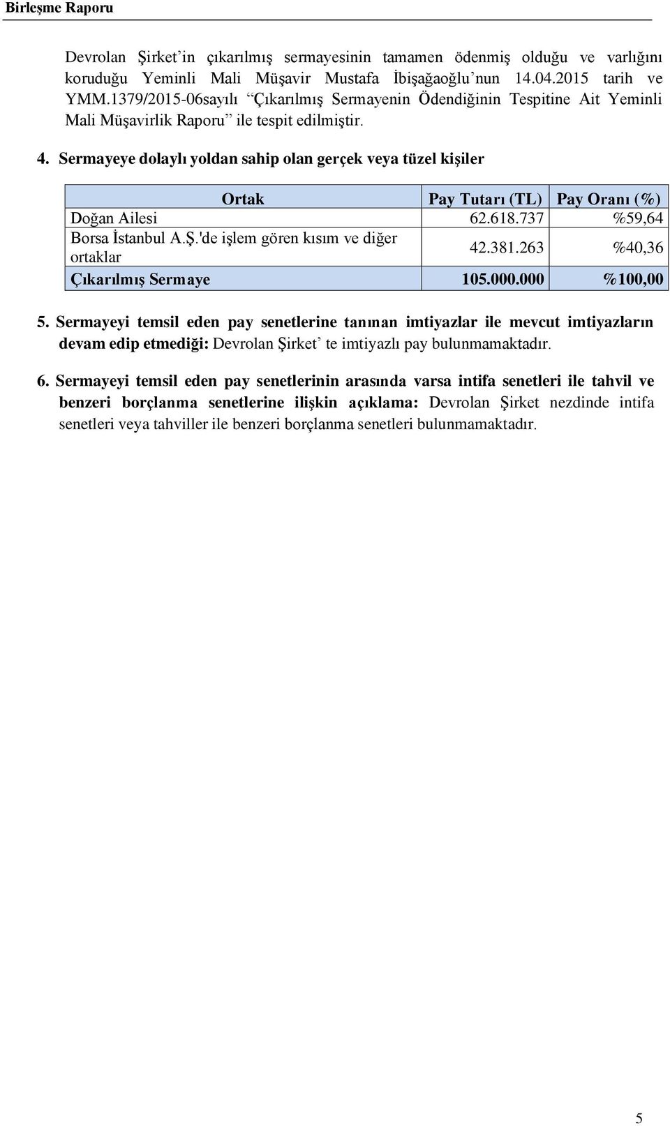 Sermayeye dolaylı yoldan sahip olan gerçek veya tüzel kişiler Ortak Pay Tutarı (TL) Pay Oranı (%) Doğan Ailesi 62.618.737 %59,64 Borsa İstanbul A.Ş.'de işlem gören kısım ve diğer ortaklar 42.381.