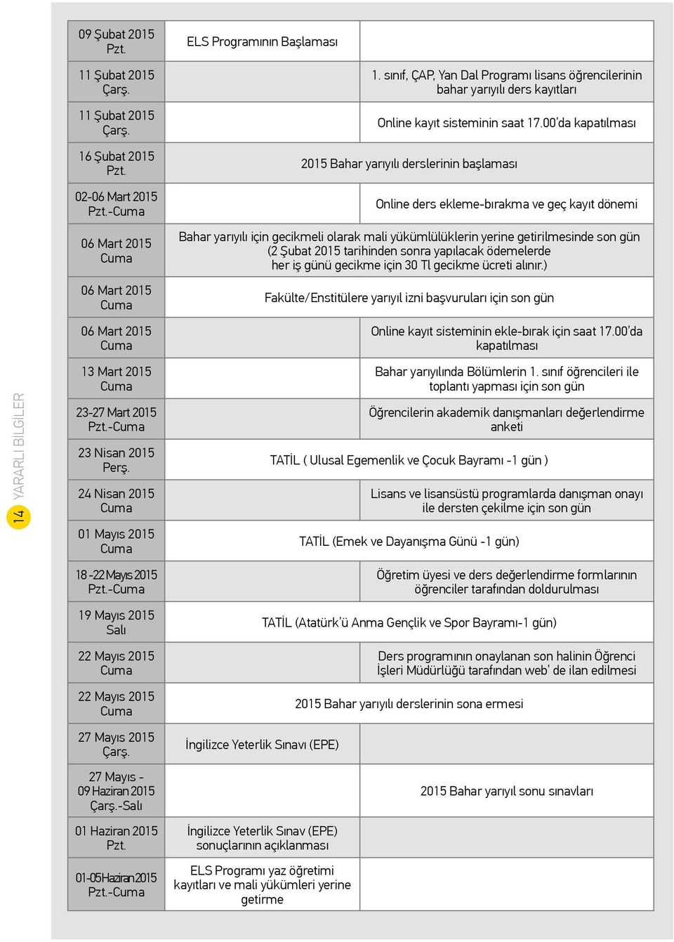 -Cuma 19 Mayıs 2015 Salı 22 Mayıs 2015 Cuma 22 Mayıs 2015 Cuma 27 Mayıs 2015 Çarş. 27 Mayıs - 09 Haziran 2015 Çarş.-Salı 01 Haziran 2015 Pzt. 01-05 Haziran 2015 Pzt.-Cuma 1. sınıf, ÇAP, Yan Dal Programı lisans öğrencilerinin bahar yarıyılı ders kayıtları Online kayıt sisteminin saat 17.
