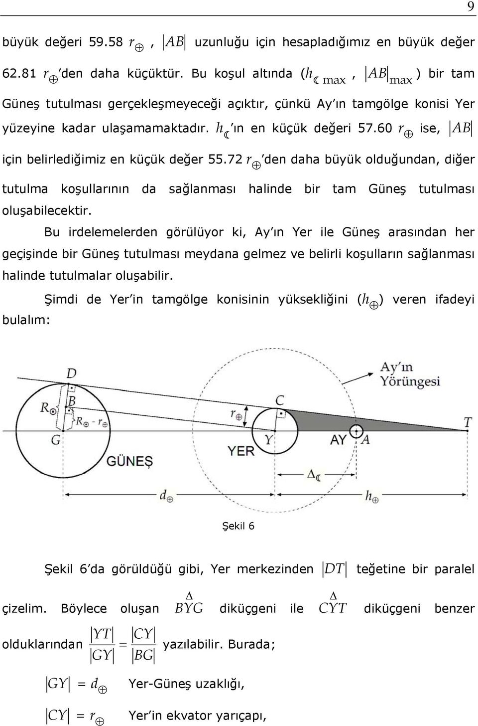 60 r ise, AB için belirlediğimiz en küçük değer 55.72 r den daha büyük olduğundan, diğer tutulma koşullarının da sağlanması halinde bir tam Güneş tutulması oluşabilecektir.