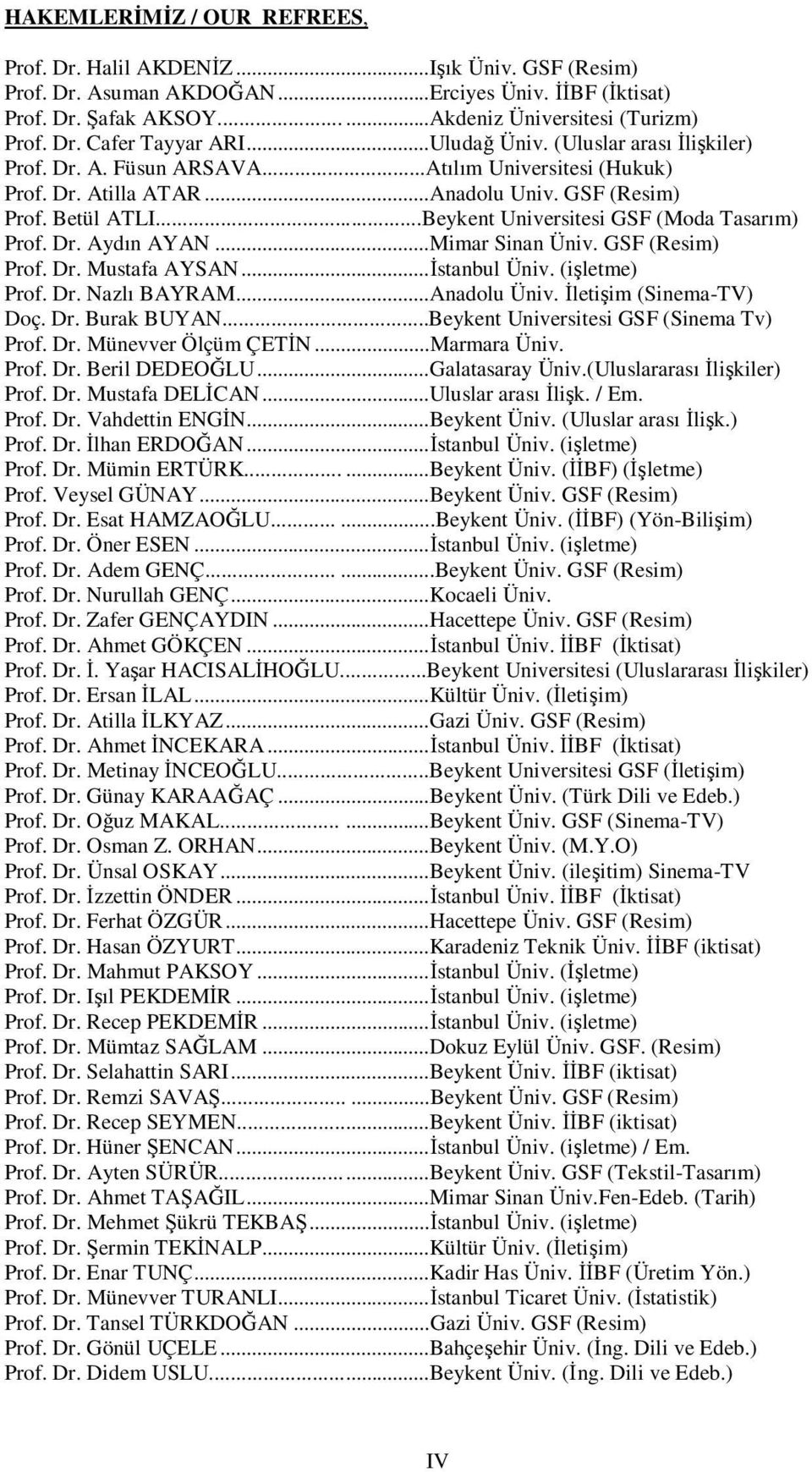 ..Beykent Universitesi GSF (Moda Tasarım) Prof. Dr. Aydın AYAN...Mimar Sinan Üniv. GSF (Resim) Prof. Dr. Mustafa AYSAN...İstanbul Üniv. (işletme) Prof. Dr. Nazlı BAYRAM...Anadolu Üniv.