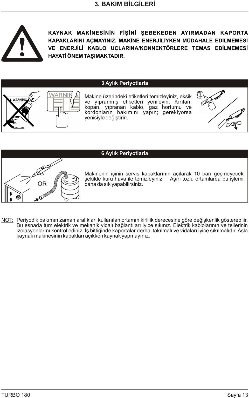 3 Aylýk Periyotlarla Makine üzerindeki etiketleri temizleyiniz, eksik ve yýpranmýþ etiketleri yenileyin.