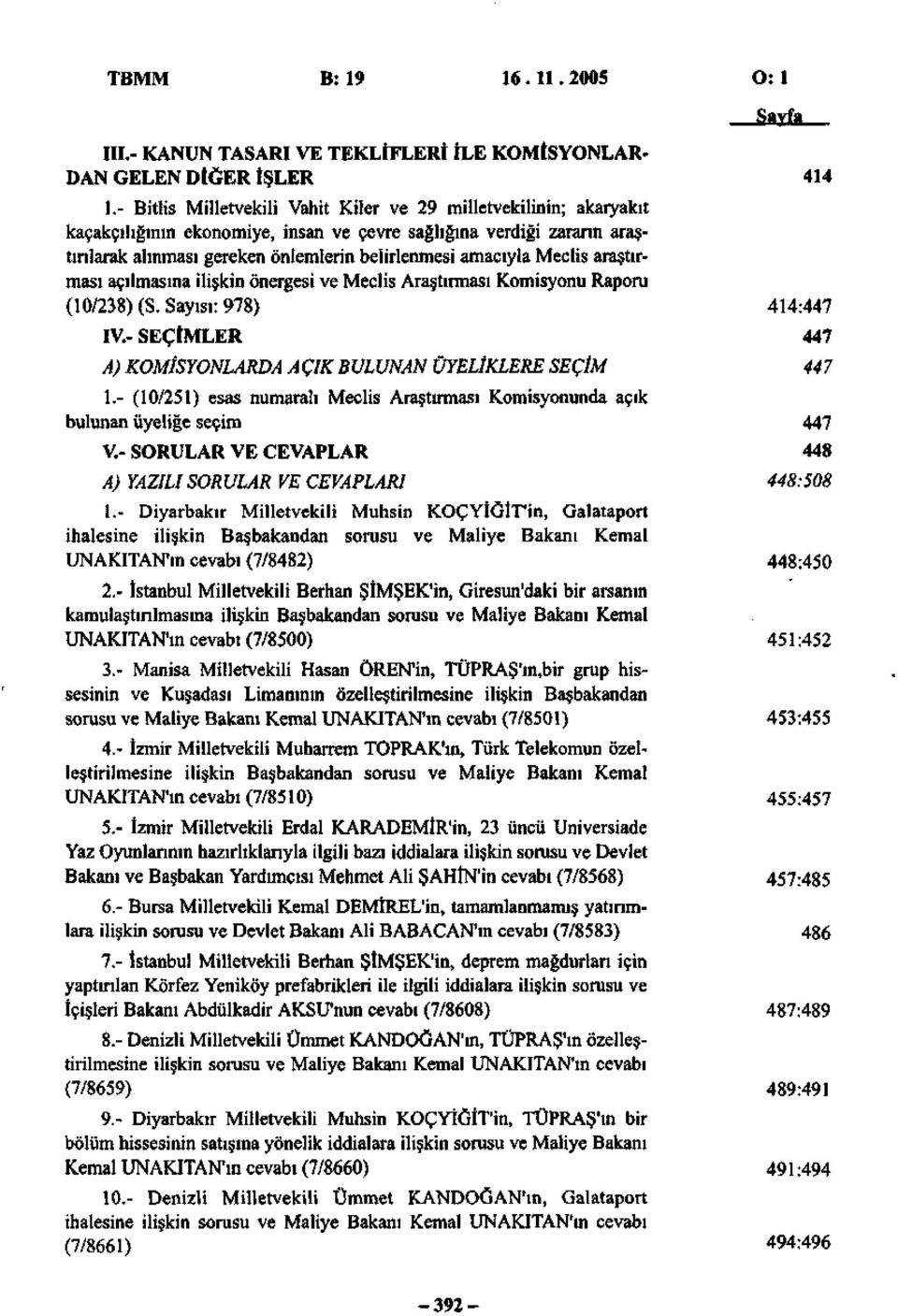 Meclis araştırması açılmasına ilişkin önergesi ve Meclis Araştırması Komisyonu Raporu (10/238) (S. Sayısı: 978) 414:447 IV- SEÇİMLER 447 A) KOMİSYONLARDA AÇIK BULUNAN ÜYELİKLERE SEÇİM 447 1.