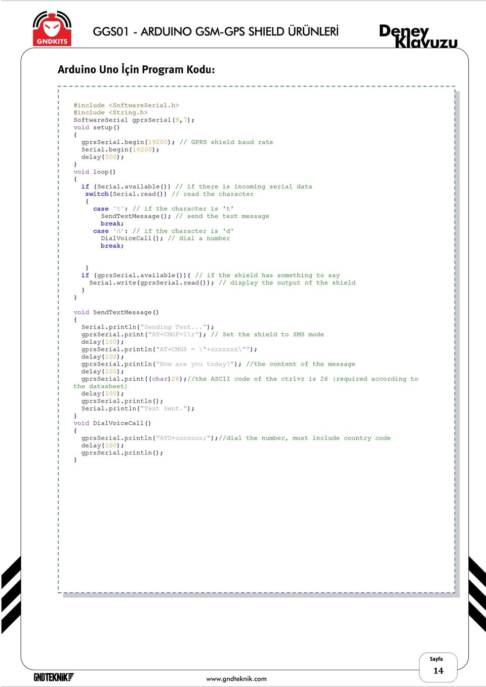 read()) // read the character case 't': // if the character is 't' SendTextMessage(); // send the text message break; case 'd': // if the character is 'd' DialVoiceCall(); // dial a number break; if