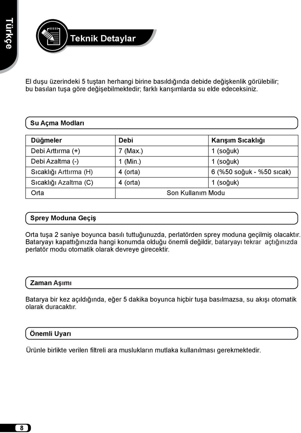 ) 4 (orta) 4 (orta) Karışım Sıcaklığı 1 (soğuk) 1 (soğuk) 6 (%50 soğuk - %50 sıcak) 1 (soğuk) Son Kullanım Modu Sprey Moduna Geçiş Orta tuşa 2 saniye boyunca basılı tuttuğunuzda, perlatörden sprey