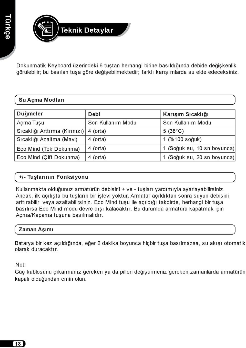 Su Açma Modları Düğmeler Açma Tuşu Sıcaklığı Arttırma (Kırmızı) Sıcaklığı Azaltma (Mavi) Eco Mind (Tek Dokunma) Eco Mind (Çift Dokunma) Debi Son Kullanım Modu 4 (orta) 4 (orta) Karışım Sıcaklığı Son