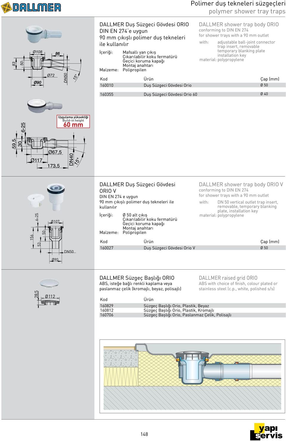 temporary blanking plate installation key 160010 160355 Duş Süzgeci Gövdesi Orio Duş Süzgeci Gövdesi Orio 60 Ø 40 DALLMER Duş Süzgeci Gövdesi ORIO V DIN EN 274 e uygun 90 mm çıkışlı polimer duş