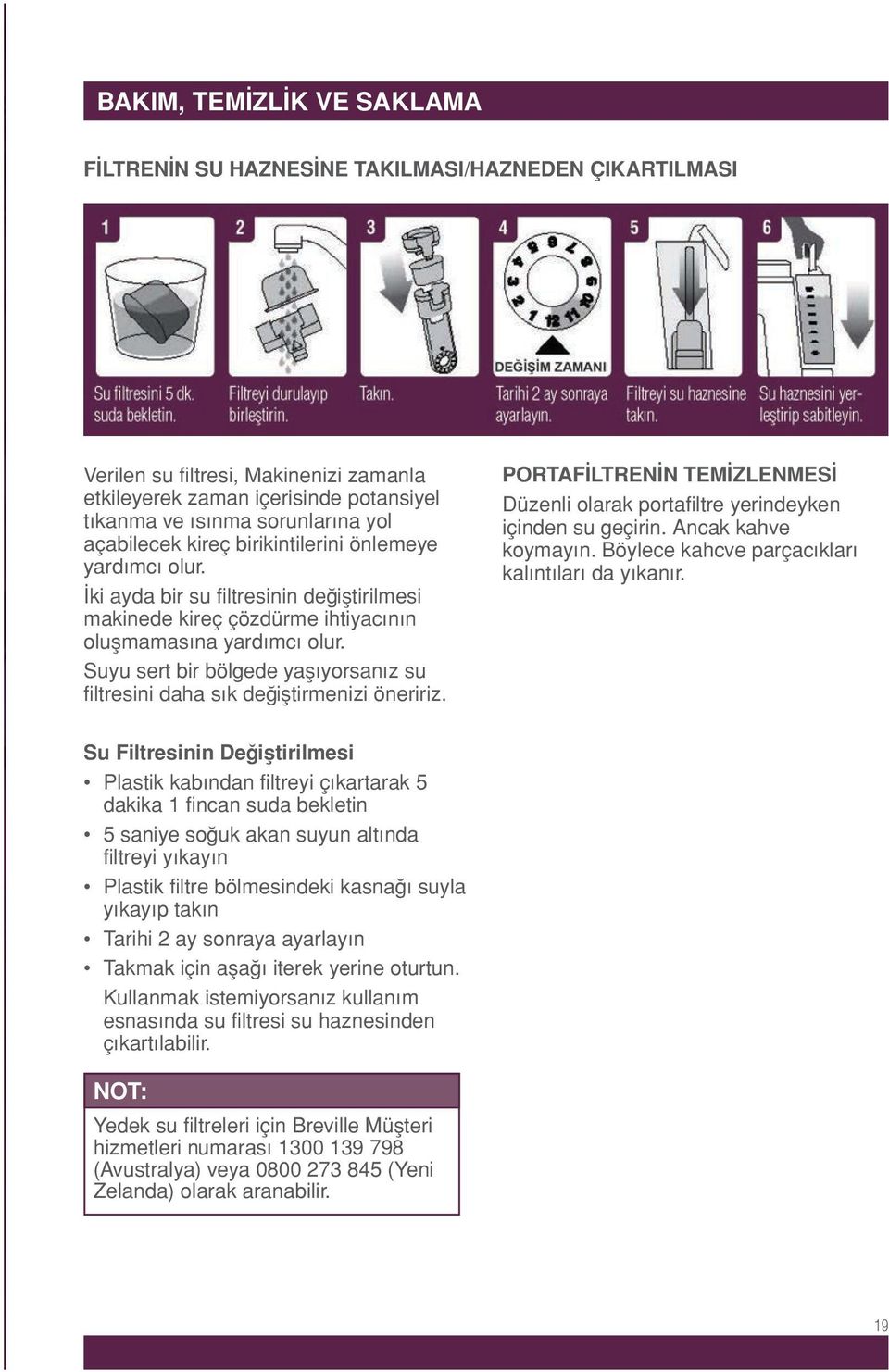 Suyu sert bir bölgede yaşıyorsanız su fi ltresini daha sık değiştirmenizi öneririz. PORTAFİLTRENİN TEMİZLENMESİ Düzenli olarak portafiltre yerindeyken içinden su geçirin. Ancak kahve koymayın.