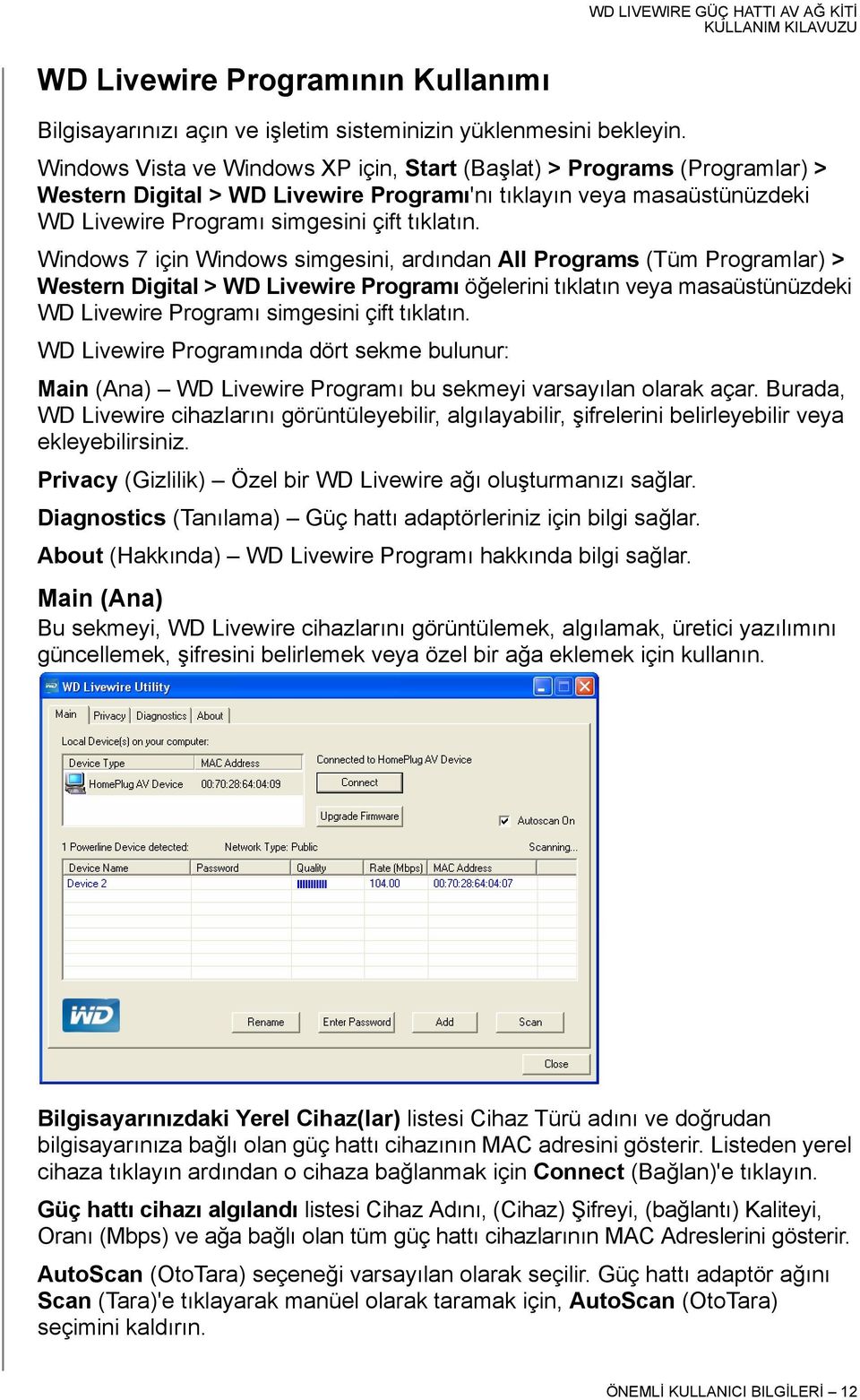 Windows 7 için Windows simgesini, ardından All Programs (Tüm Programlar) > Western Digital > WD Livewire Programı öğelerini tıklatın veya masaüstünüzdeki WD Livewire Programı simgesini çift tıklatın.