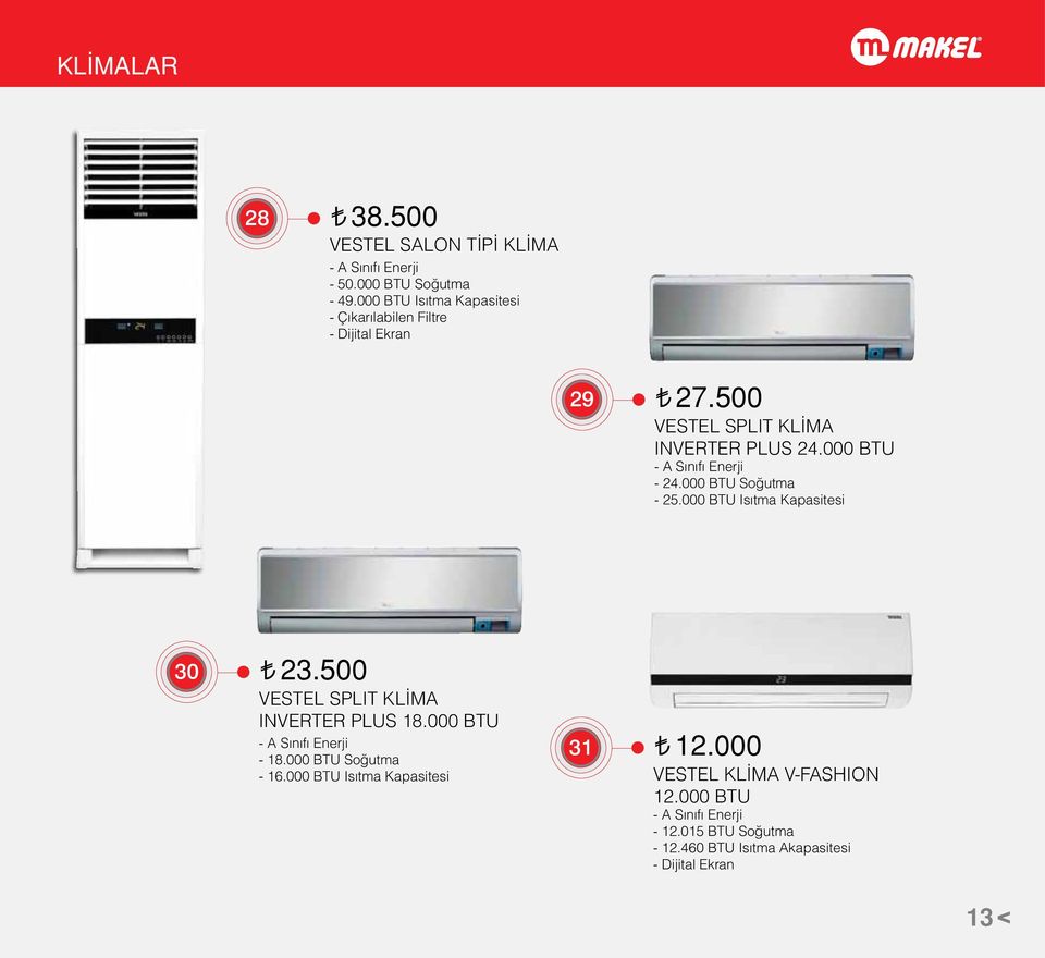 000 BTU - A Sınıfı Enerji - 24.000 BTU Soğutma - 25.000 BTU Isıtma Kapasitesi 30 23.500 VESTEL SPLIT KLİMA INVERTER PLUS 18.