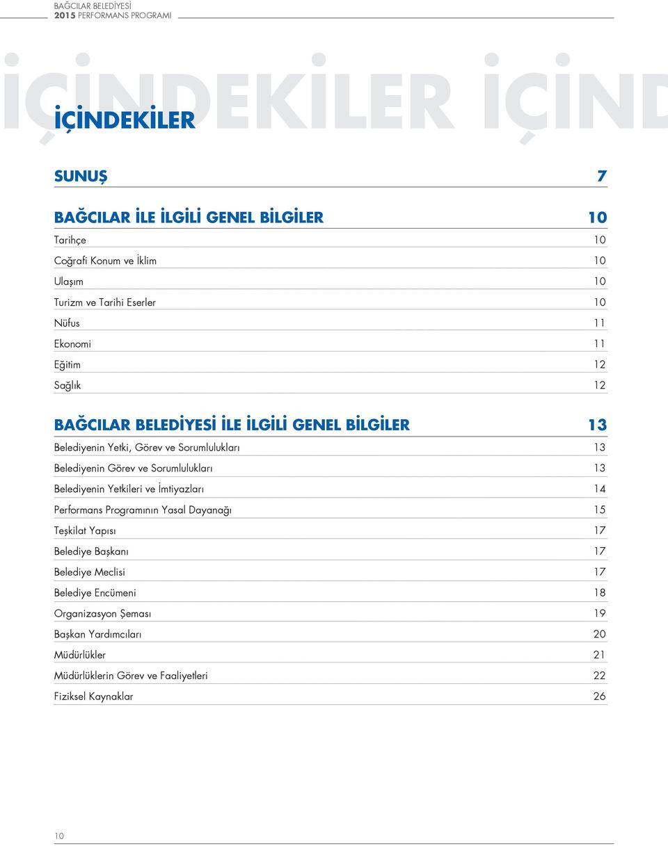 lukları 13 Belediyenin Yetkileri ve İmtiyazları 14 Performans Programının Yasal Dayanağı 15 Teşkilat Yapısı 17 Belediye Başkanı 17 Belediye