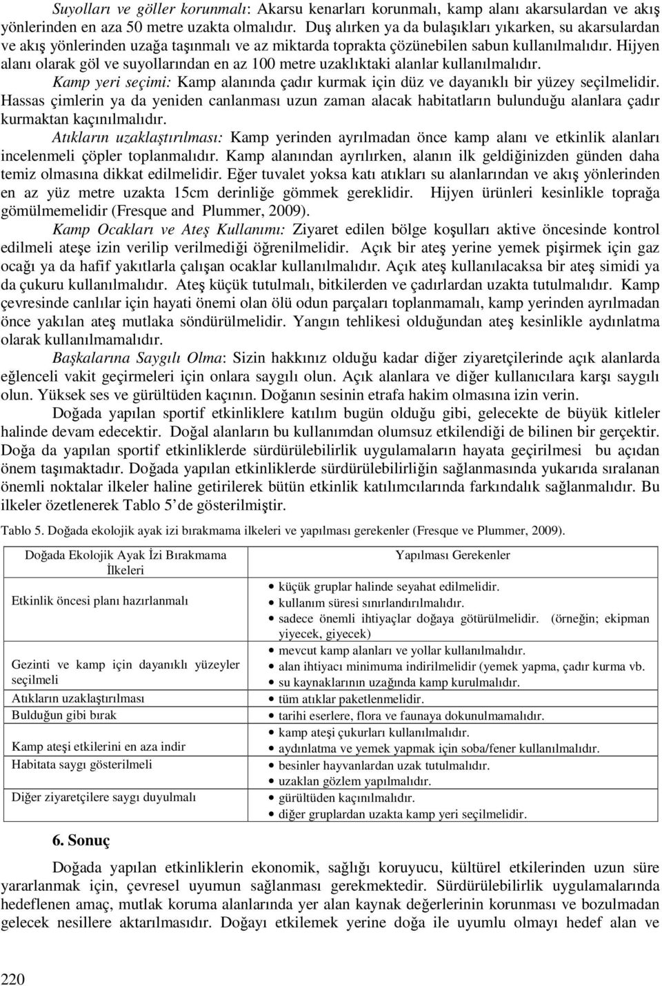 Hijyen alanı olarak göl ve suyollarından en az 100 metre uzaklıktaki alanlar kullanılmalıdır. Kamp yeri seçimi: Kamp alanında çadır kurmak için düz ve dayanıklı bir yüzey seçilmelidir.