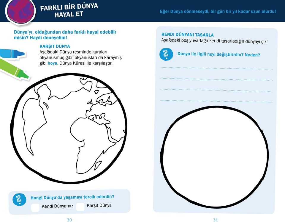 KARŞIT dünya Aşağıdaki Dünya resminde karaları okyanusmuş gibi, okyanusları da karaymış gibi boya.