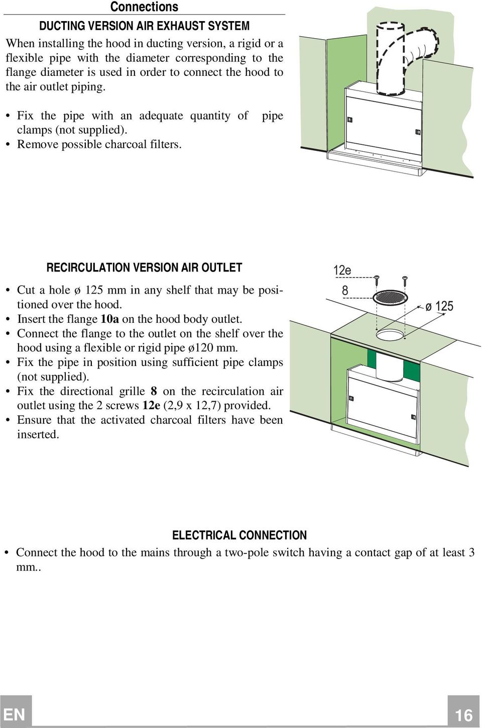 RECIRCULATION VERSION AIR OUTLET Cut a hole ø 125 mm in any shelf that may be positioned over the hood. Insert the flange 10a on the hood body outlet.