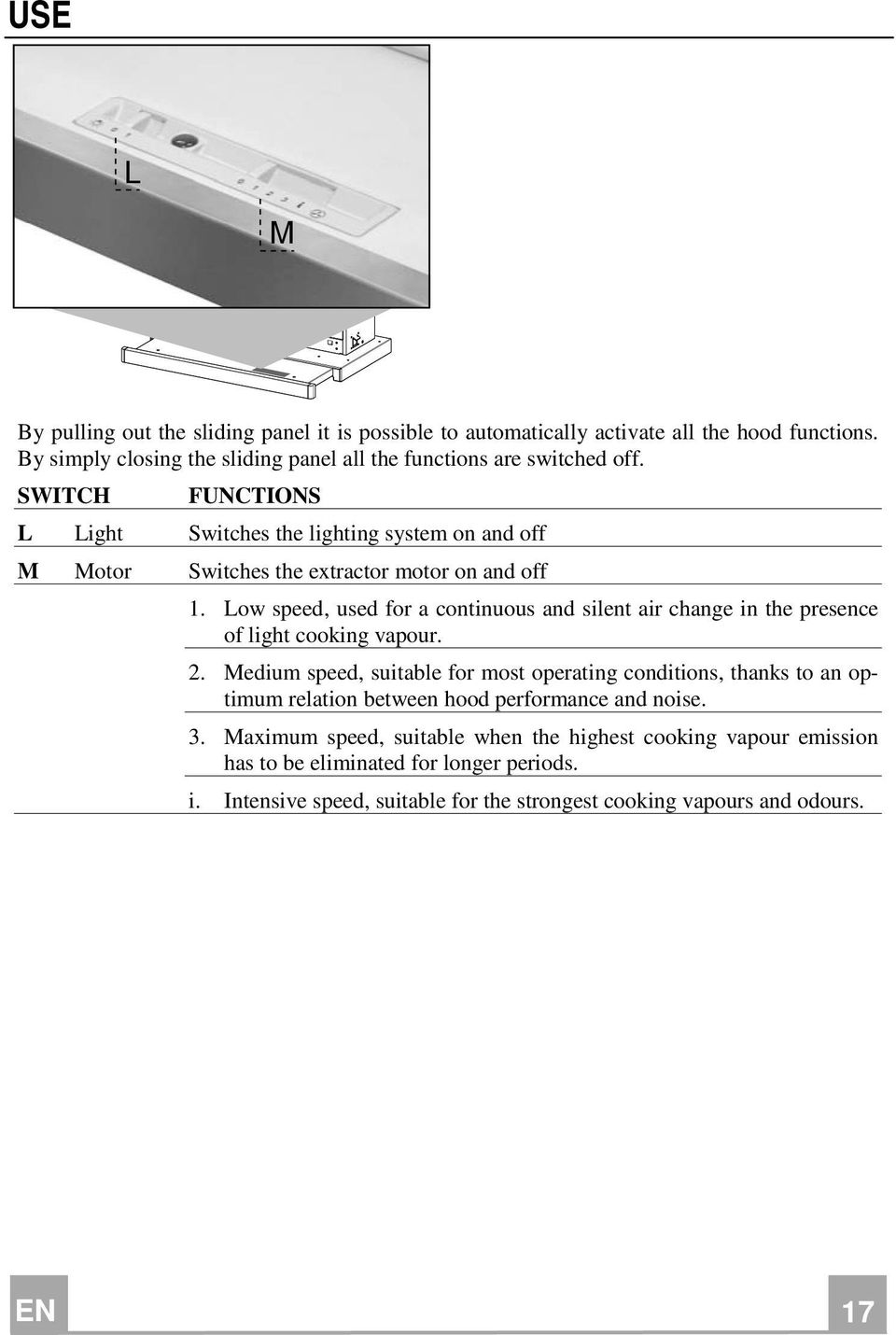 Low speed, used for a continuous and silent air change in the presence of light cooking vapour. 2.