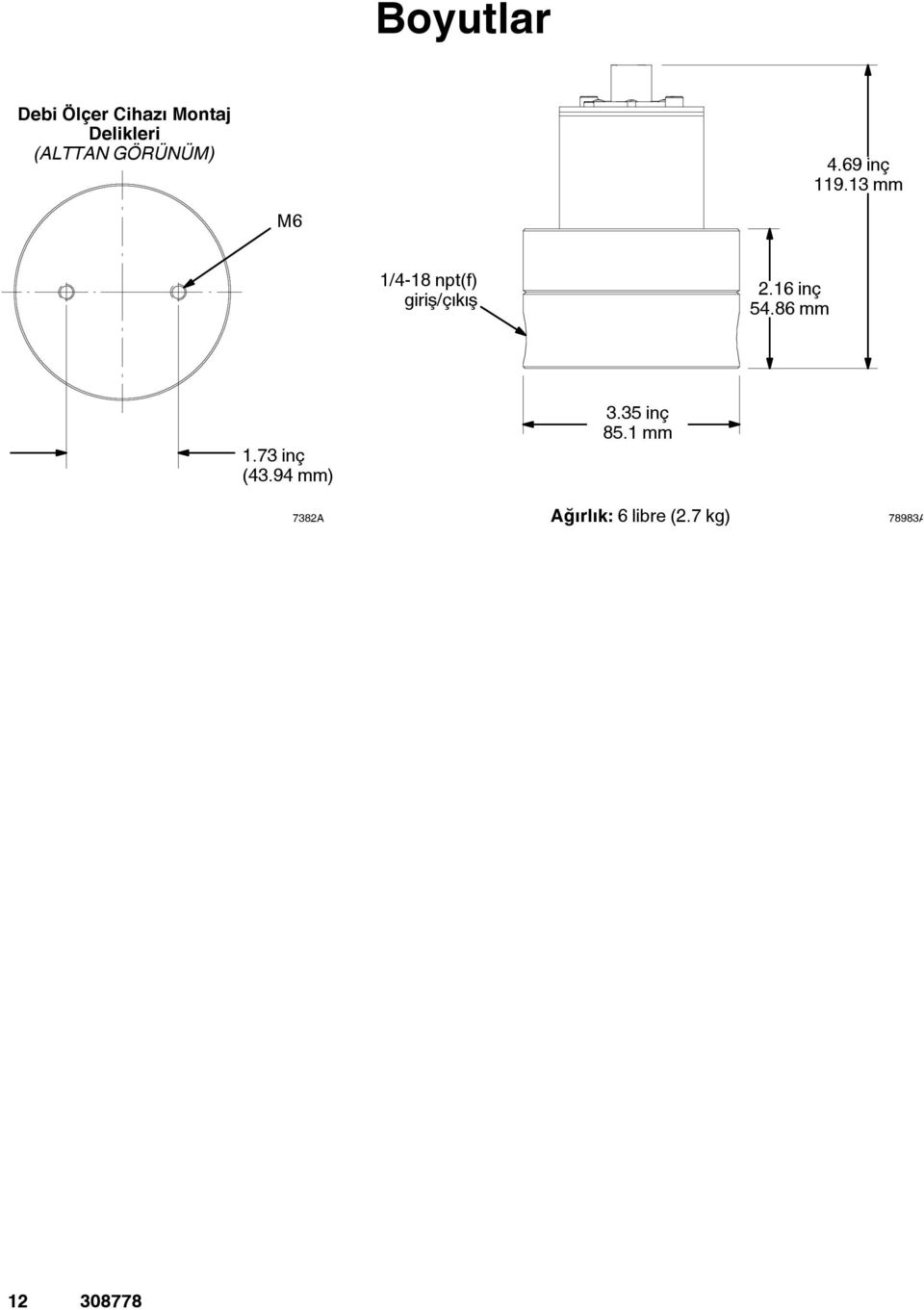 13 mm M6 1/4-18 npt(f) giriş/çıkış 2.16 inç 54.