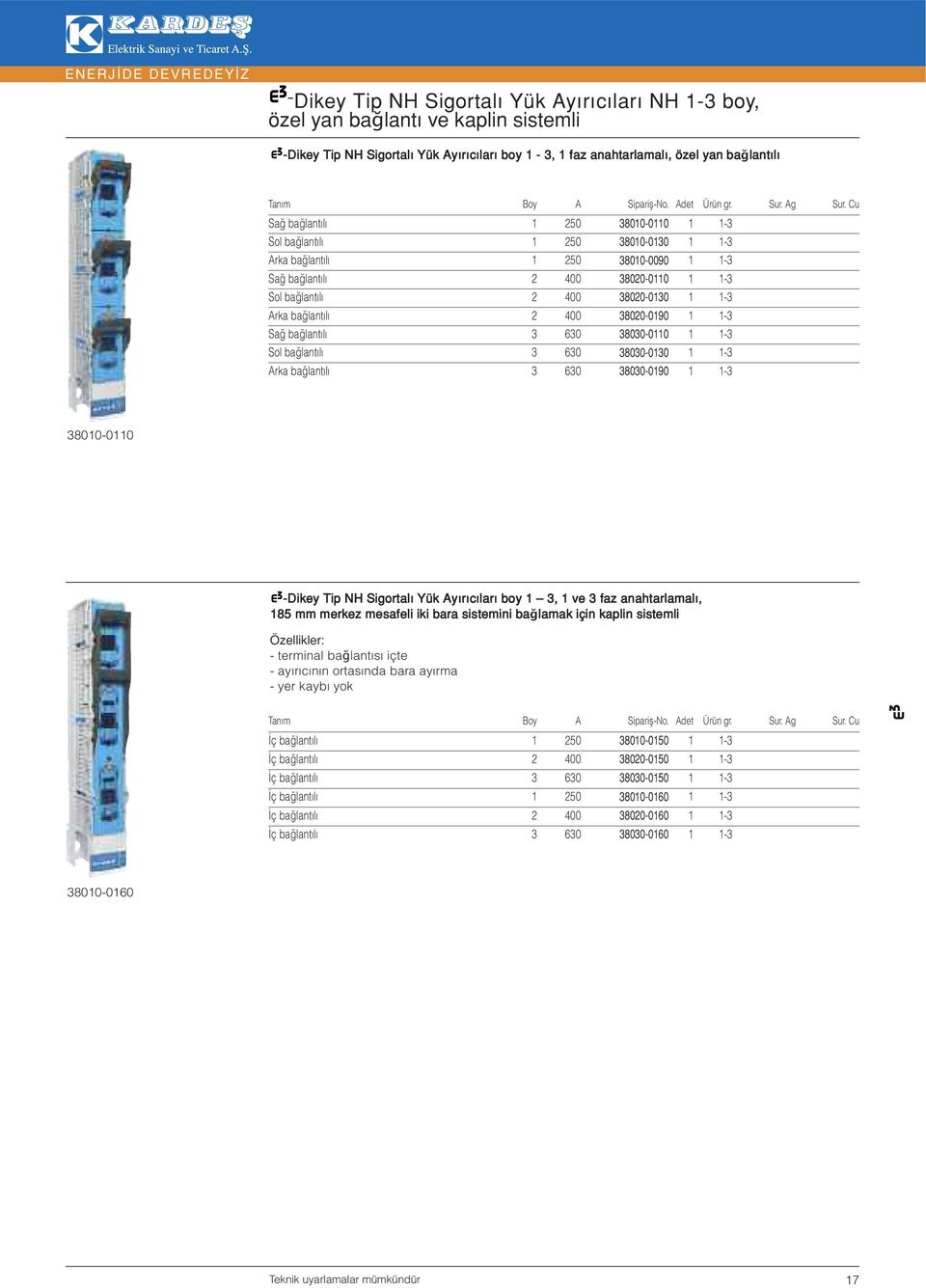 38020-0190 1 1-3 Sağ bağlantılı 3 630 38030-0110 1 1-3 Sol bağlantılı 3 630 38030-0130 1 1-3 Arka bağlantılı 3 630 38030-0190 1 1-3 38010-0110 -Dikey Tip NH Sigortalı Yük Ayırıcıları boy 1 3, 1 ve 3