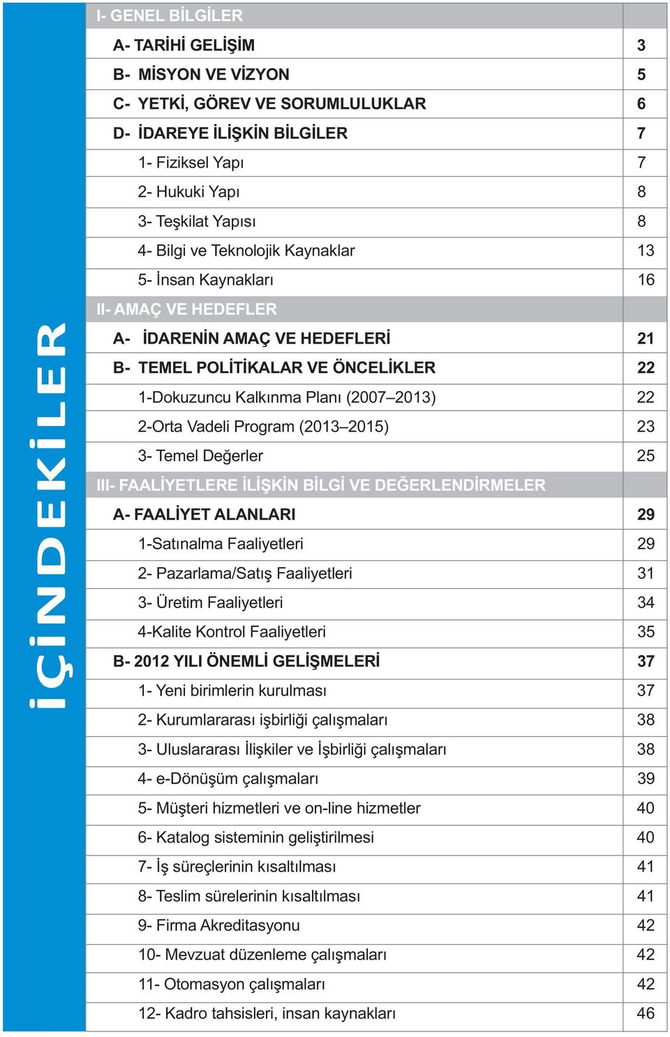 Vadeli Program (2013 2015) 23 3- Temel Değerler 25 III- FAALİYETLERE İLİŞKİN BİLGİ VE DEĞERLENDİRMELER A- FAALİYET ALANLARI 29 1-Satınalma Faaliyetleri 29 2- Pazarlama/Satış Faaliyetleri 31 3- Üretim