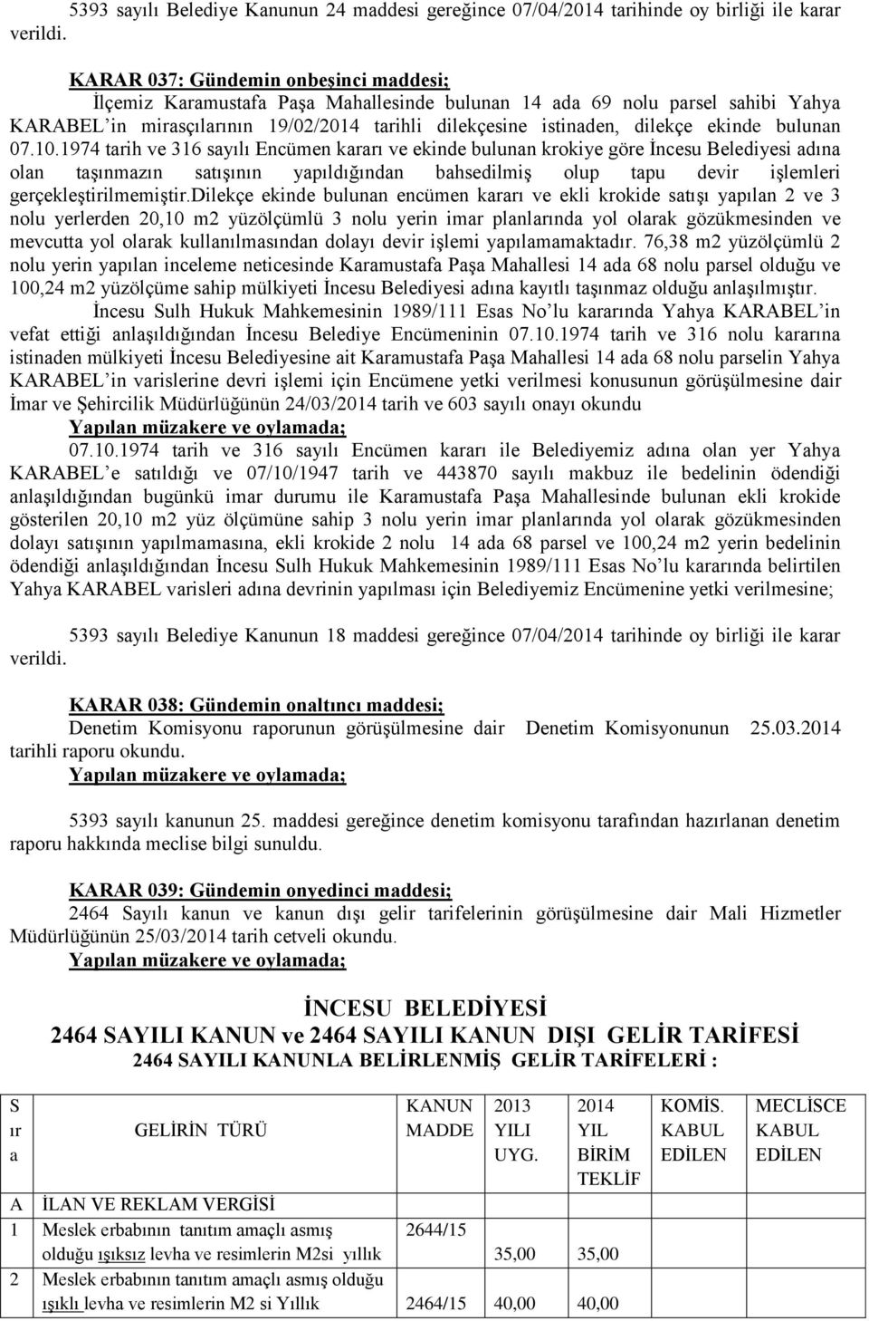 1974 tarih ve 316 sayılı Encümen kararı ve ekinde bulunan krokiye göre İncesu Belediyesi adına olan taşınmazın satışının yapıldığından bahsedilmiş olup tapu devir işlemleri gerçekleştirilmemiştir.