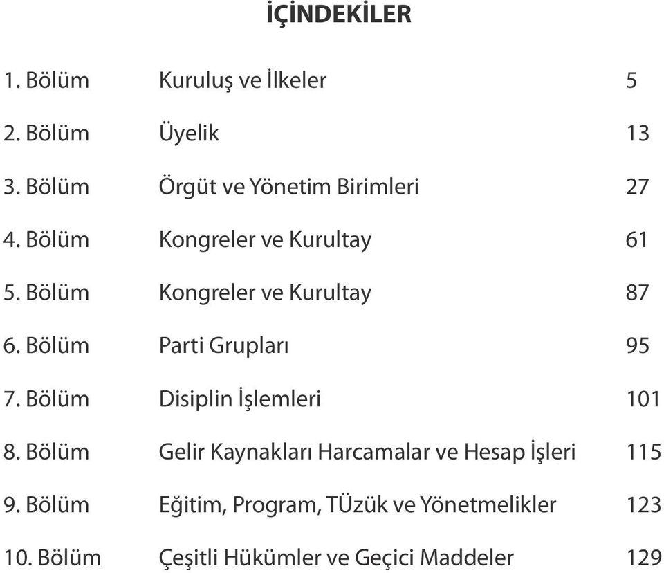 Bölüm Kongreler ve Kurultay 87 6. Bölüm Parti Grupları 95 7. Bölüm Disiplin İşlemleri 101 8.