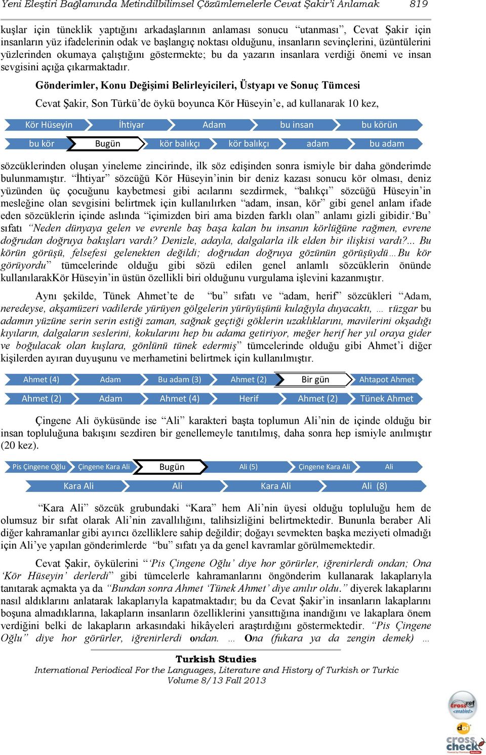 Gönderimler, Konu Değişimi Belirleyicileri, Üstyapı ve Sonuç Tümcesi Cevat Şakir, Son Türkü de öykü boyunca Kör Hüseyin e, ad kullanarak 10 kez, Kör Hüseyin İhtiyar Adam bu insan bu körün bu kör