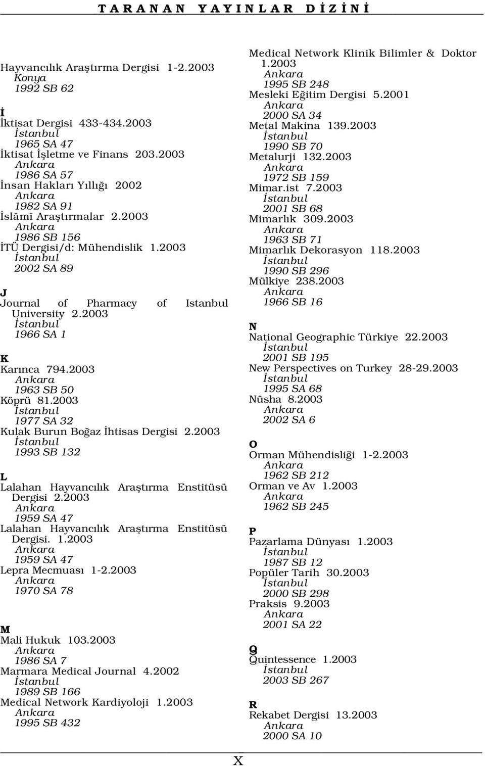 2003 Ankara Ankara 1986 SA 57 1972 SB 159 nsan Haklar Y ll 2002 Mimar.ist 7.2003 Ankara stanbul 1982 SA 91 2001 SB 68 slâmî Araflt rmalar 2.2003 Mimarl k 309.