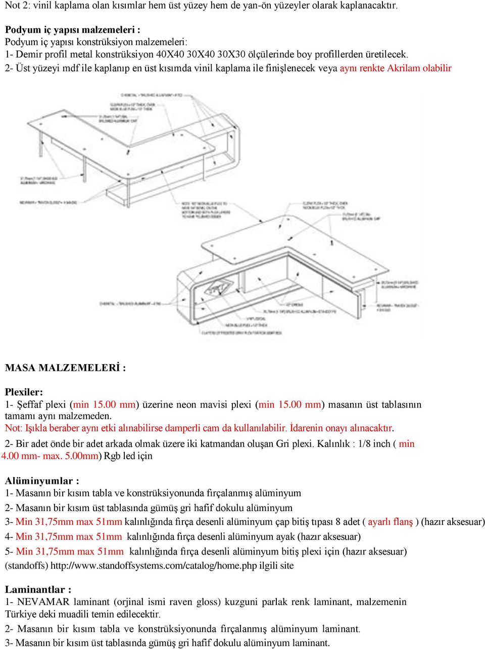 2- Üst yüzeyi mdf ile kaplanıp en üst kısımda vinil kaplama ile finişlenecek veya aynı renkte Akrilam olabilir MASA MALZEMELERİ : 1- Şeffaf plexi (min 15.00 mm) üzerine neon mavisi plexi (min 15.