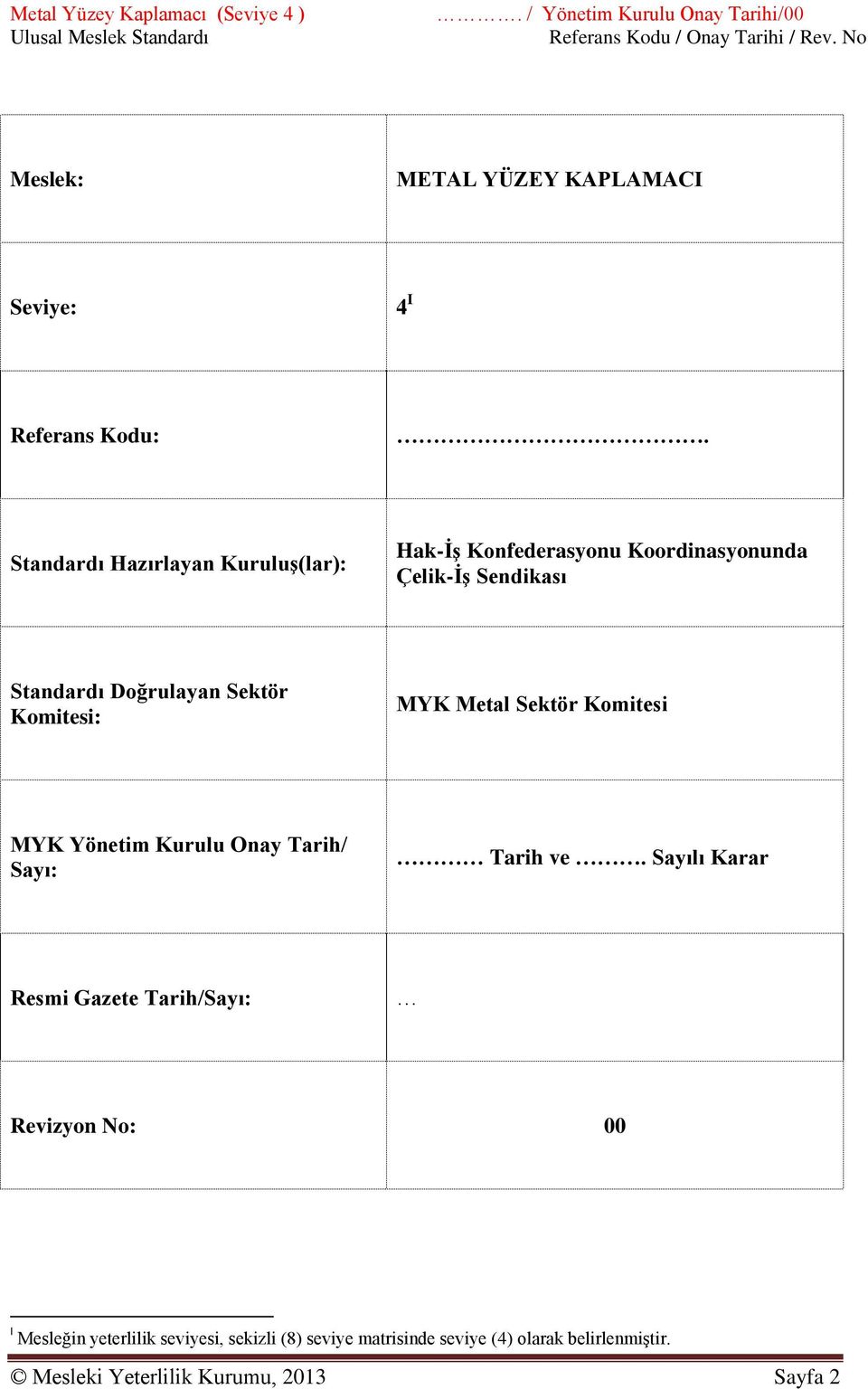 Komitesi: MYK Metal Sektör Komitesi MYK Yönetim Kurulu Onay Tarih/ Sayı: Tarih ve.