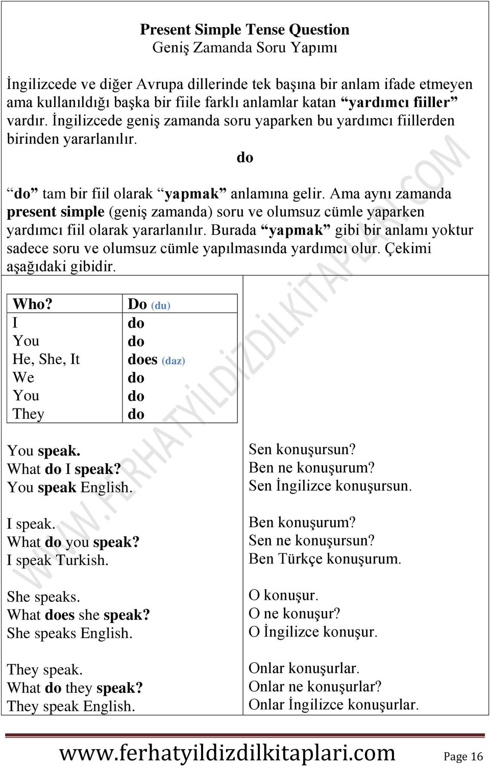 Ama aynı zamanda present simple (geniş zamanda) soru ve olumsuz cümle yaparken yardımcı fiil olarak yararlanılır.