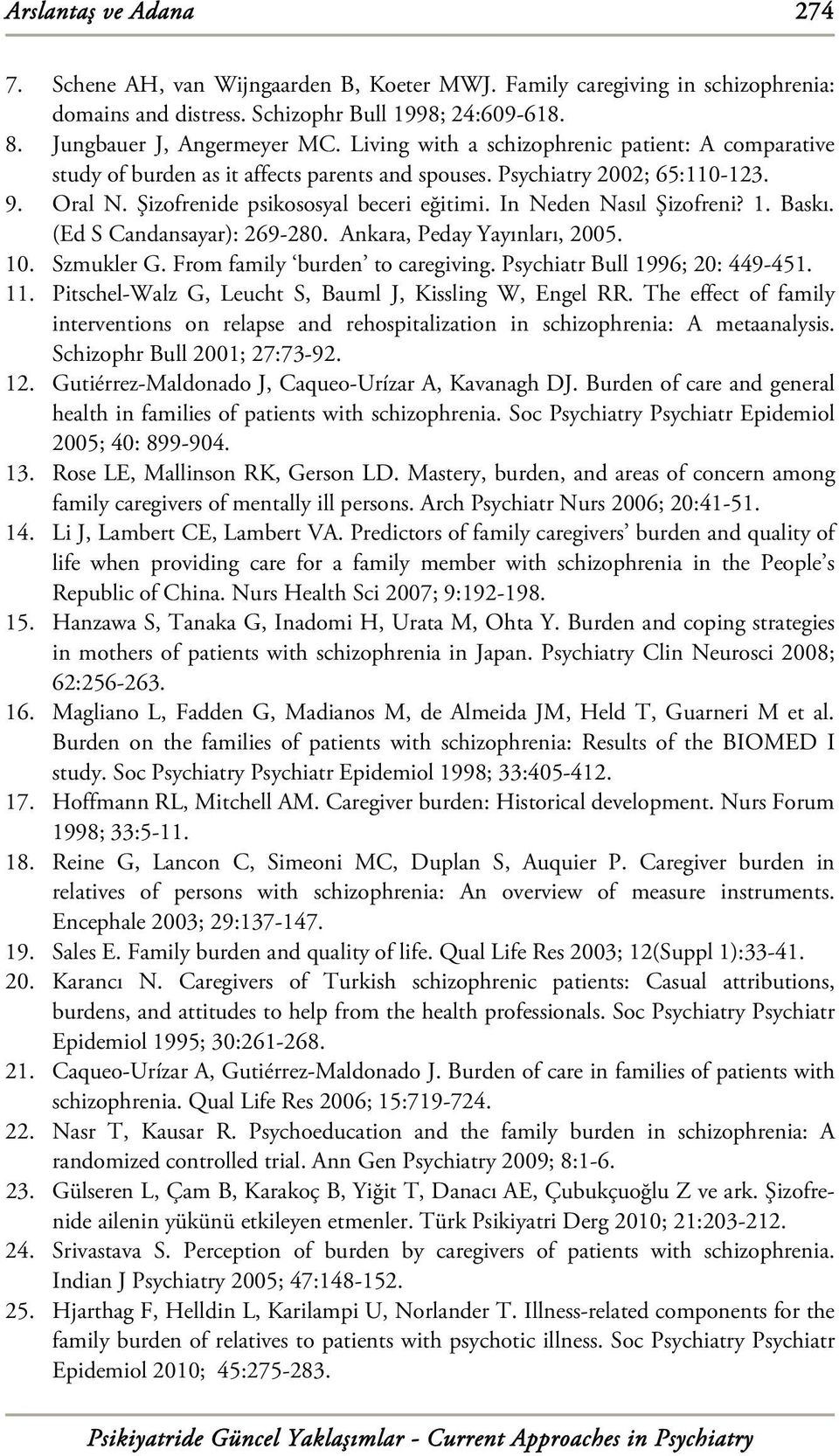 In Neden Nasıl Şizofreni? 1. Baskı. (Ed S Candansayar): 269-280. Ankara, Peday Yayınları, 2005. 10. Szmukler G. From family burden to caregiving. Psychiatr Bull 1996; 20: 449-451. 11.