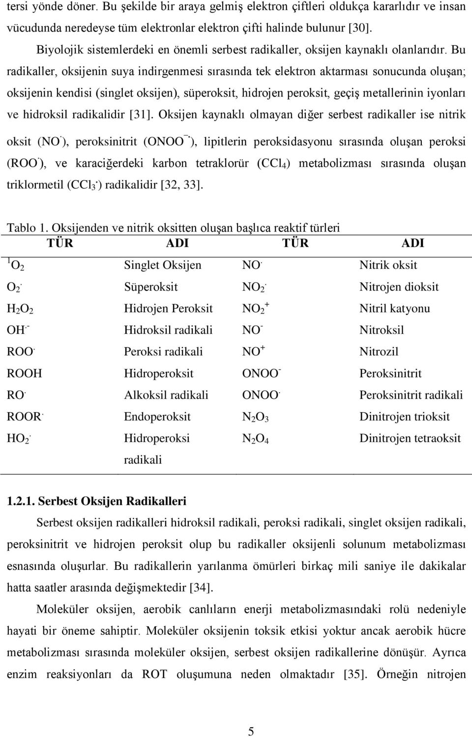 Bu radikaller, oksijenin suya indirgenmesi sırasında tek elektron aktarması sonucunda oluģan; oksijenin kendisi (singlet oksijen), süperoksit, hidrojen peroksit, geçiģ metallerinin iyonları ve