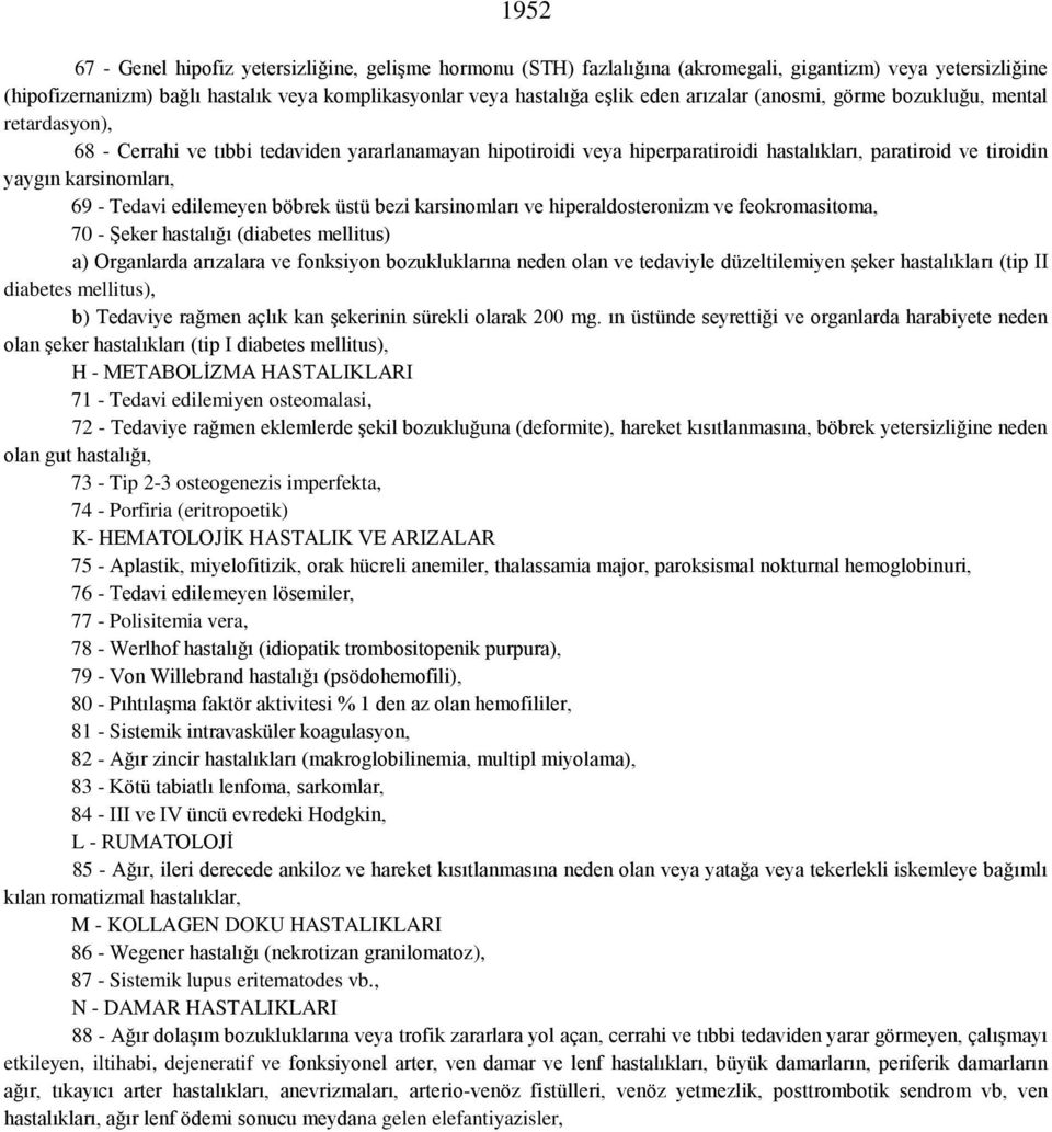 Tedavi edilemeyen böbrek üstü bezi karsinomları ve hiperaldosteronizm ve feokromasitoma, 70 - Şeker hastalığı (diabetes mellitus) a) Organlarda arızalara ve fonksiyon bozukluklarına neden olan ve