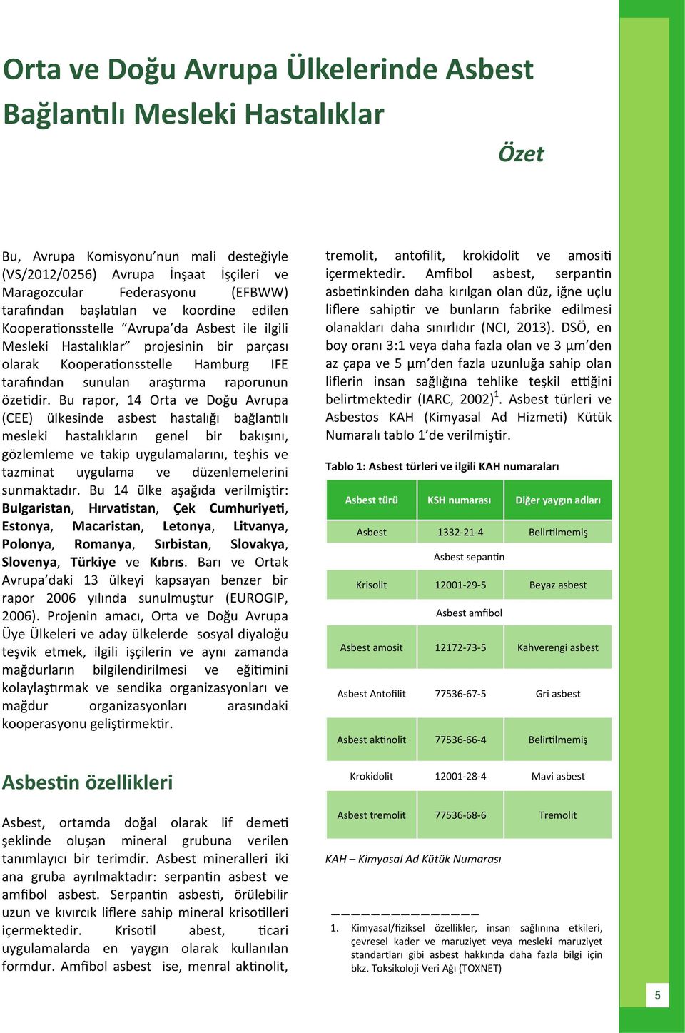 Bu rapor, 14 Orta ve Doğu Avrupa (CEE) ülkesinde asbest hastalığı bağlan lı mesleki hastalıkların genel bir bakışını, gözlemleme ve takip uygulamalarını, teşhis ve tazminat uygulama ve