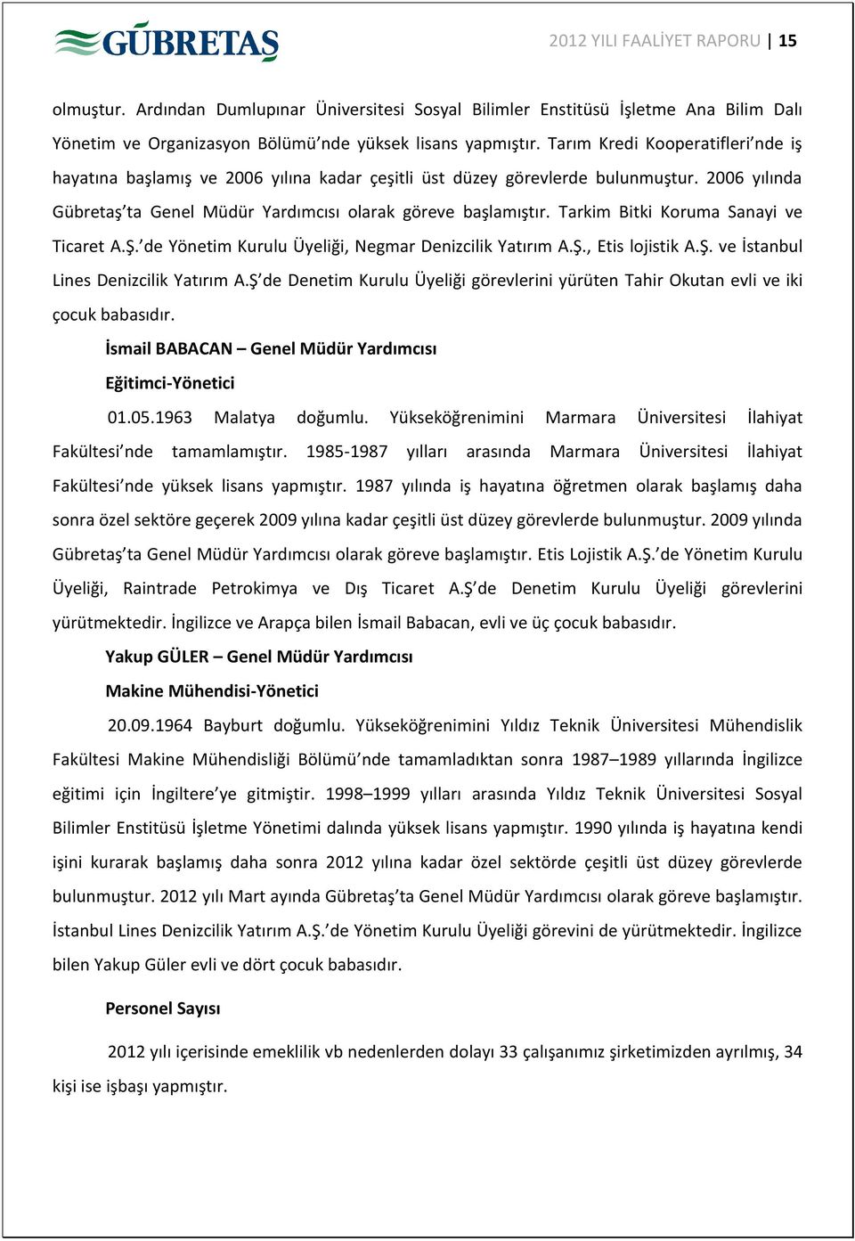 Tarkim Bitki Koruma Sanayi ve Ticaret A.Ş. de Yönetim Kurulu Üyeliği, Negmar Denizcilik Yatırım A.Ş., Etis lojistik A.Ş. ve İstanbul Lines Denizcilik Yatırım A.