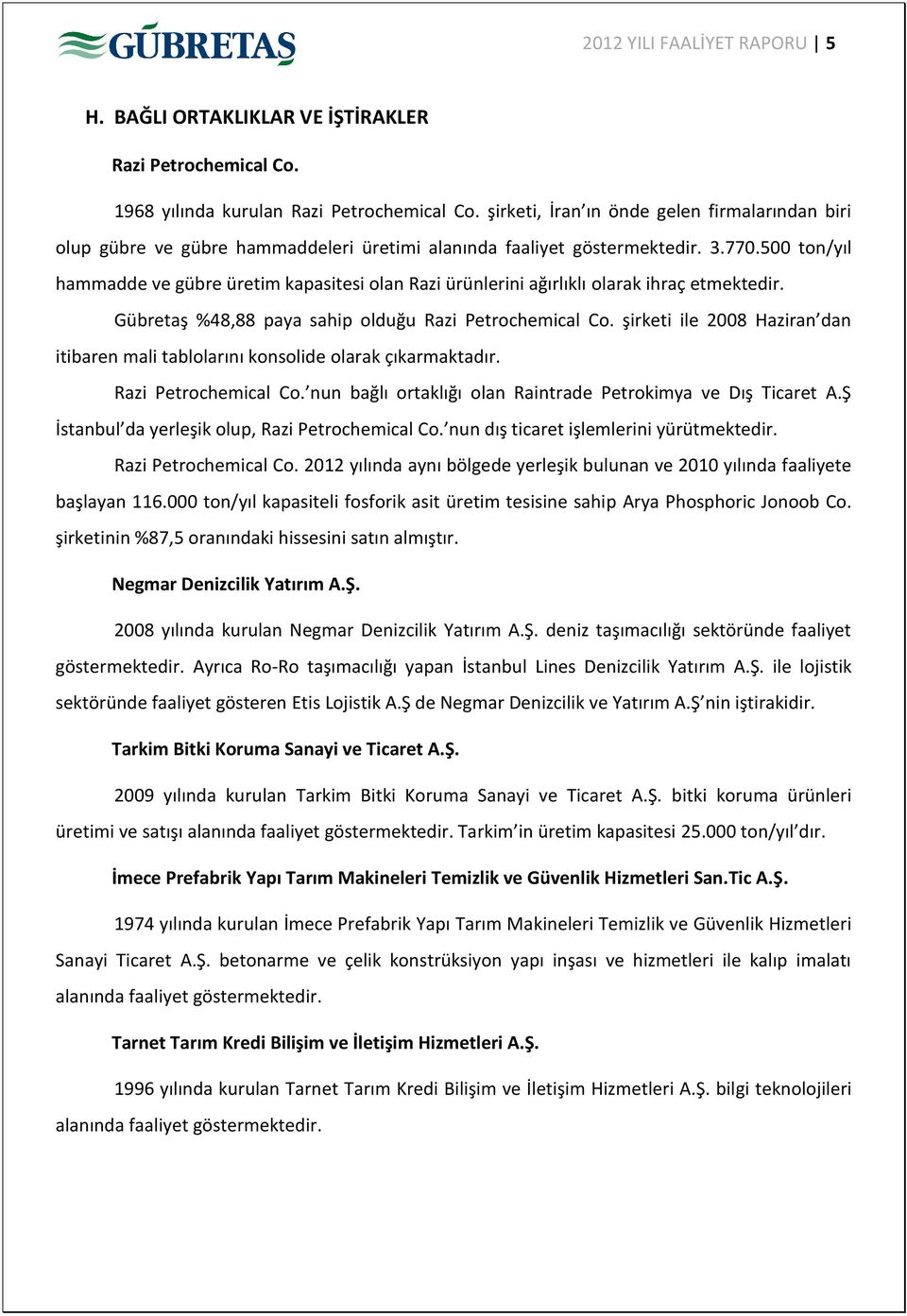 500 ton/yıl hammadde ve gübre üretim kapasitesi olan Razi ürünlerini ağırlıklı olarak ihraç etmektedir. Gübretaş %48,88 paya sahip olduğu Razi Petrochemical Co.