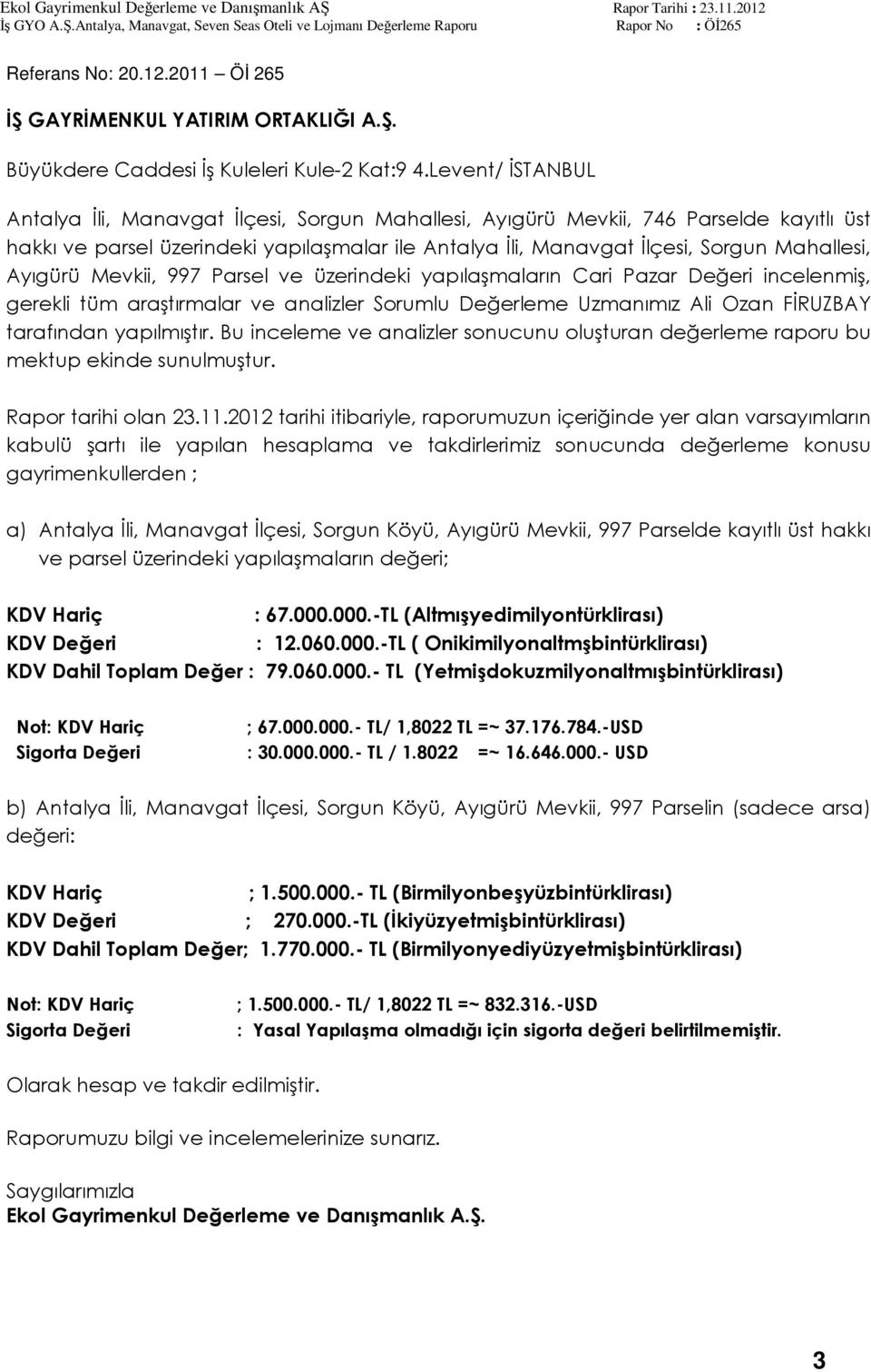 Ayıgürü Mevkii, 997 Parsel ve üzerindeki yapılaşmaların Cari Pazar Değeri incelenmiş, gerekli tüm araştırmalar ve analizler Sorumlu Değerleme Uzmanımız Ali Ozan FİRUZBAY tarafından yapılmıştır.